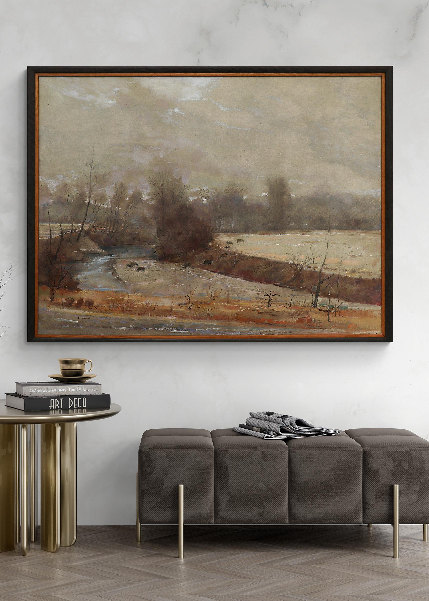 Foggy Mill Creek, Kansas, Landscape Painting, Cattle Grazing Post Impressionist  6