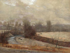 Foggy Mill Creek, Kansas, Landscape Painting, Cattle Grazing Post Impressionist