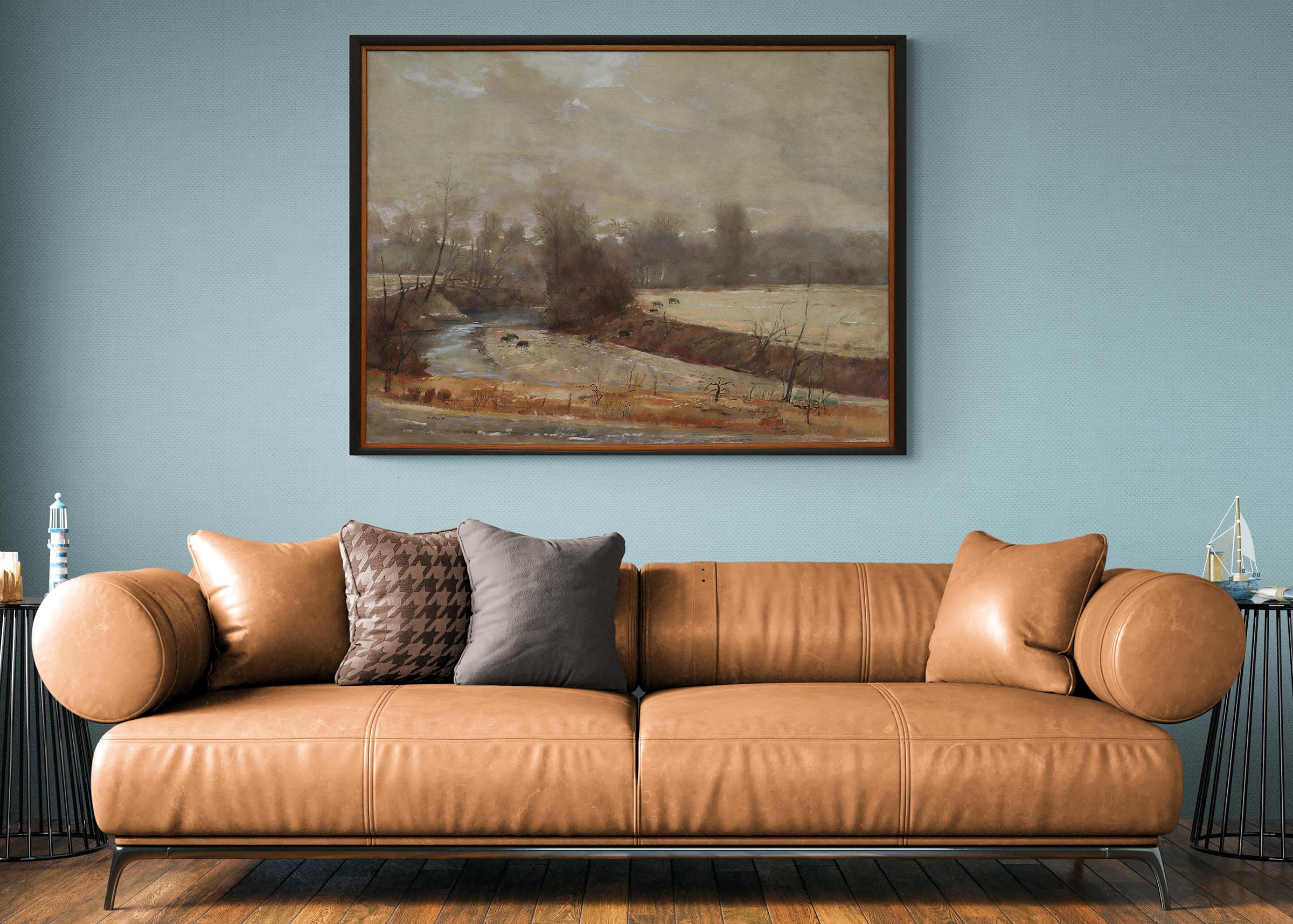 Peinture de paysage Foggy Mill Creek, Kansas, Cattle Grazing Post Impressionist 2
