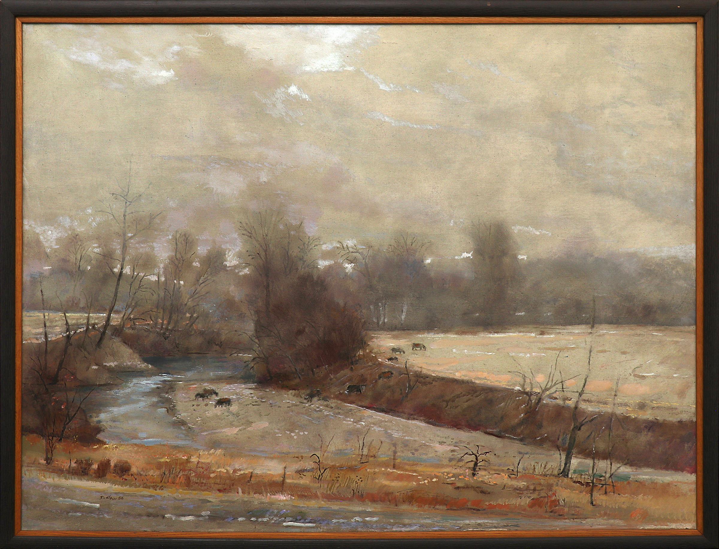Foggy Mill Creek, Kansas, Landscape Painting, Cattle Grazing Post Impressionist 