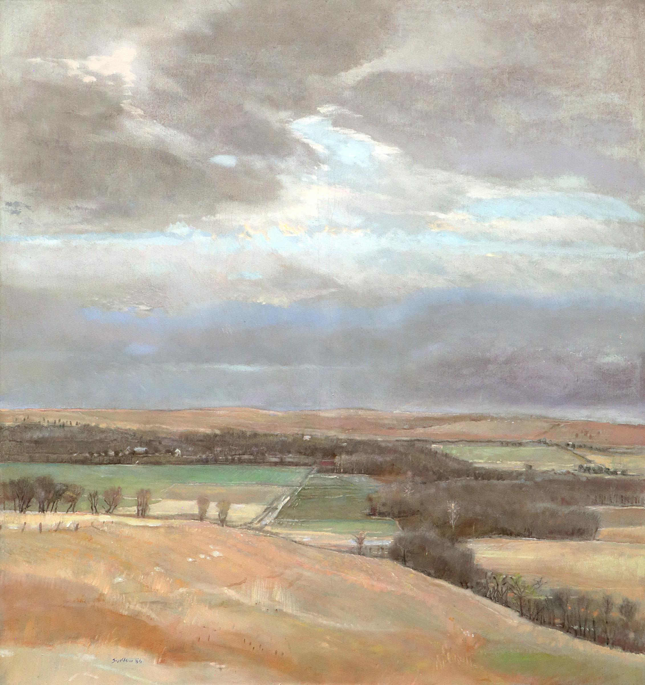 Pioneer Bluffs in primavera Pittura paesaggistica post impressionista Kansas Cielo tempestoso - Painting di Robert N. Sudlow