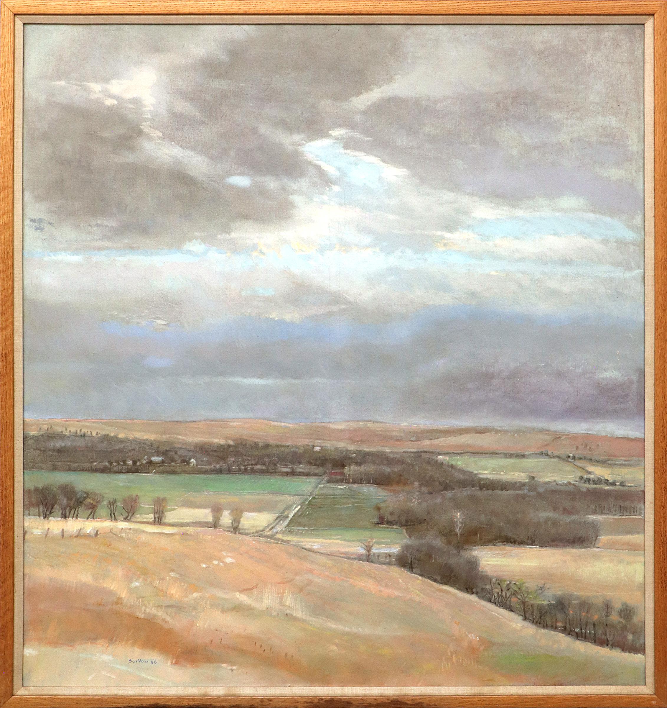 Landscape Painting Robert N. Sudlow - Pioneer Bluffs au printemps Peinture de paysage post-impressionniste Kansas Ciel orageux