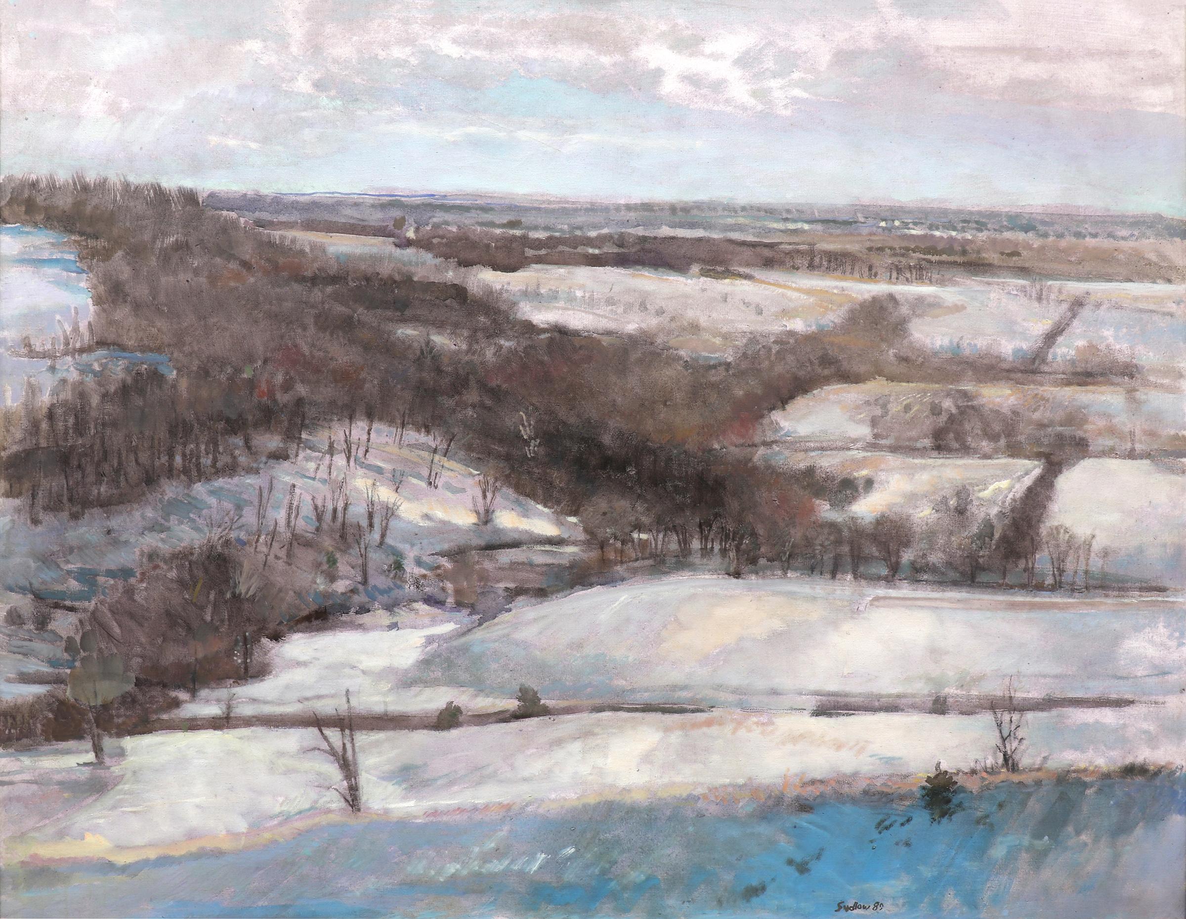 Schneelandschaft von Baldwin (Kansas), 1980er Jahre, Schneelandschaft, Ölgemälde in Blau, Grau und Weiß (Amerikanischer Impressionismus), Painting, von Robert N. Sudlow