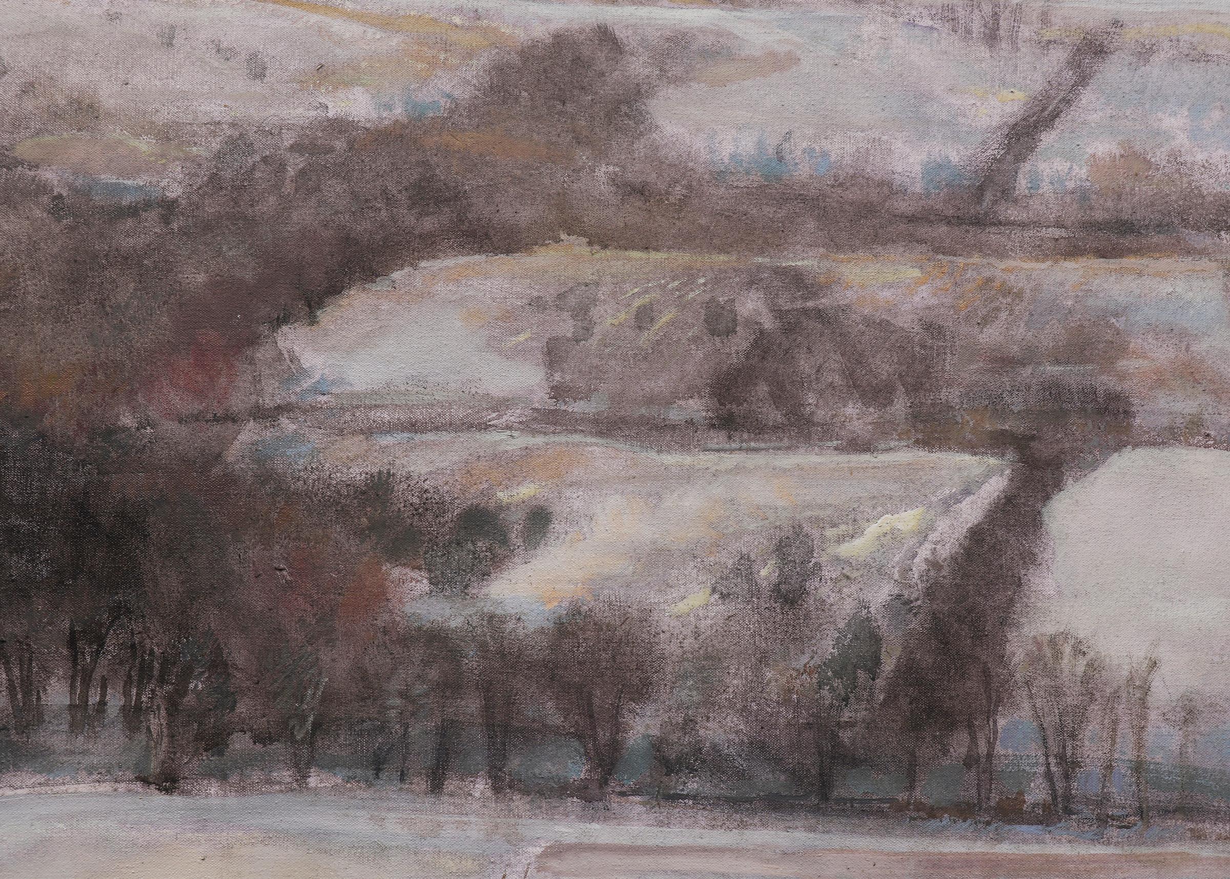 Oil on canvas painting titled 'Snowview of Baldwin (Kansas)' painted in 1989 by Robert N. Sudlow (1920-2010) from 1989. Snowy landscape scene painted in shades of gray, brown, white, and rich blues. Presented in a vintage frame measuring 42 1⁄2 x 52