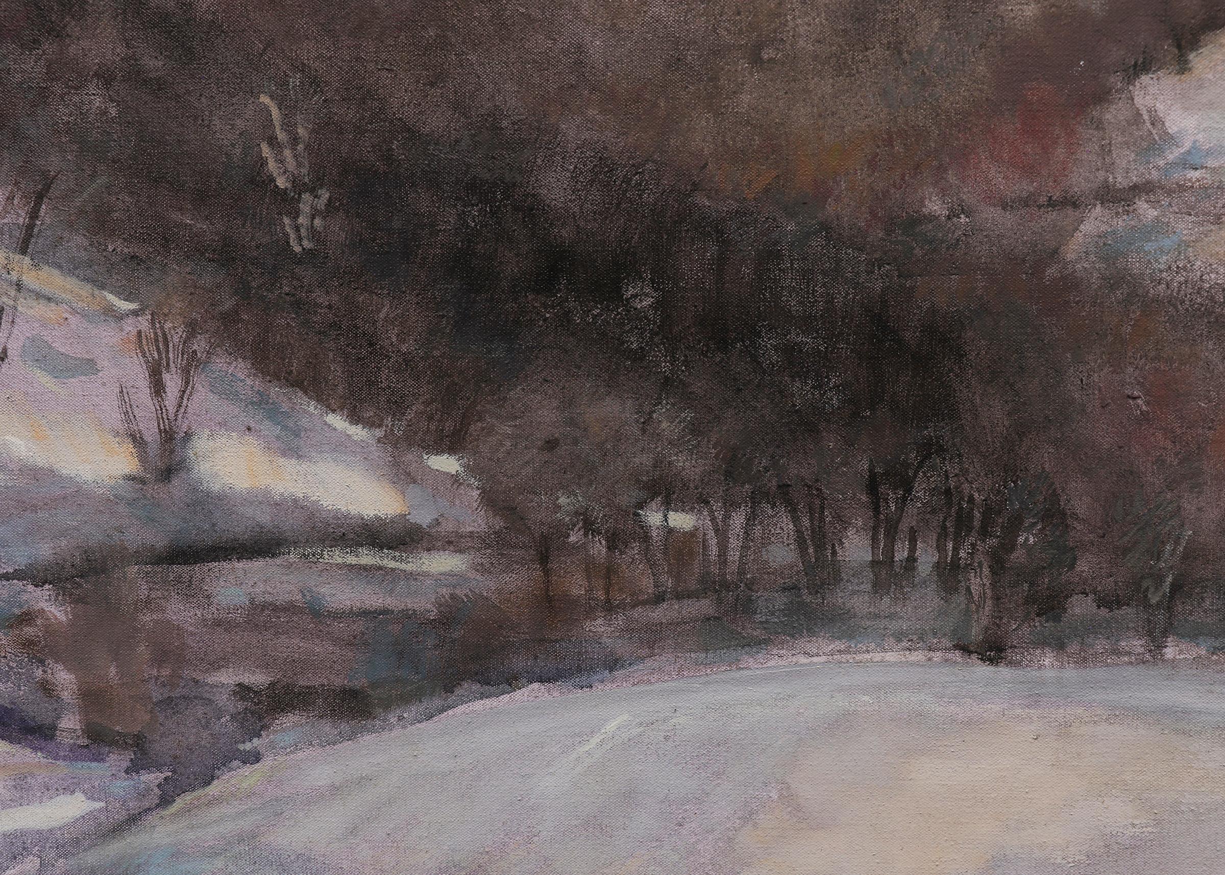 Snowview of Baldwin (Kansas), 1980s Snow Landscape Oil Painting, Blue Gray White For Sale 1