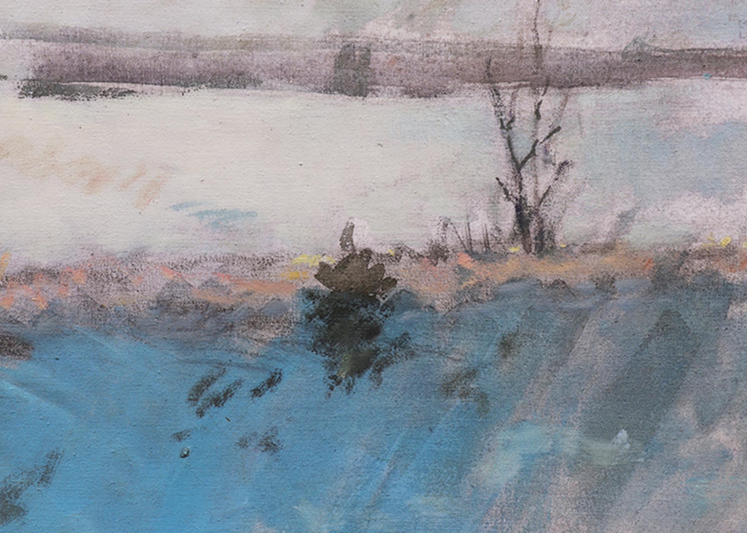 Snowview of Baldwin (Kansas), 1980s Snow Landscape Oil Painting, Blue Gray White For Sale 2