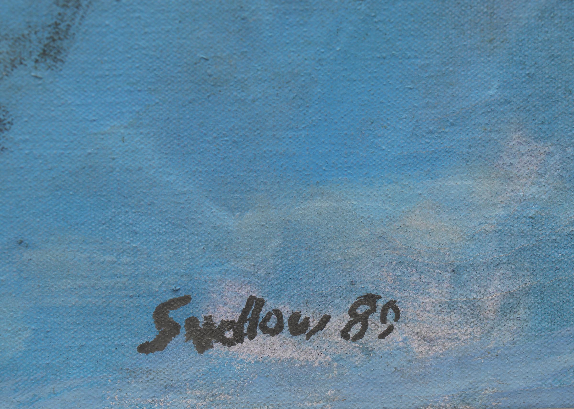Snowview of Baldwin (Kansas), 1980s Snow Landscape Oil Painting, Blue Gray White For Sale 3