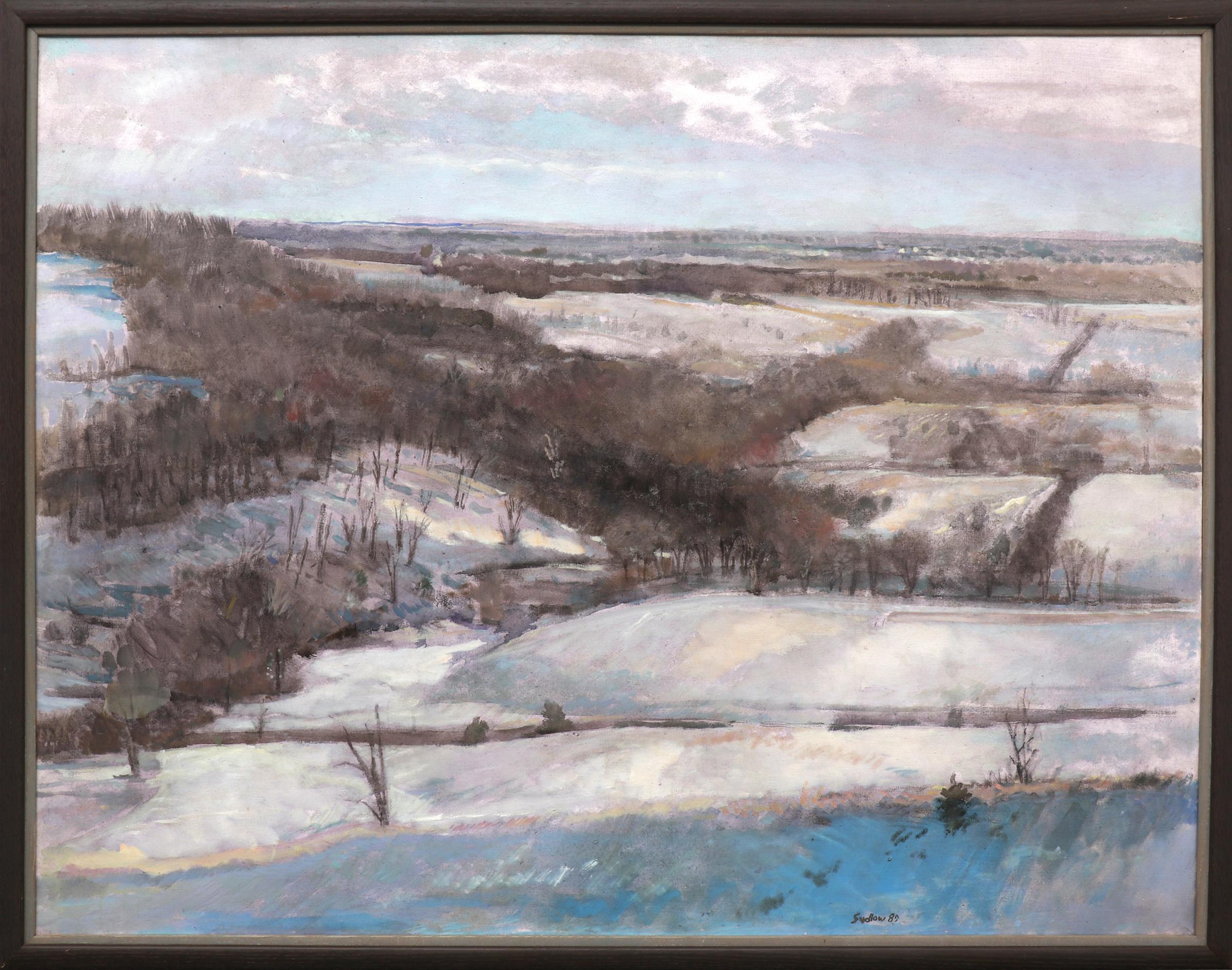 Schneelandschaft von Baldwin (Kansas), 1980er Jahre, Schneelandschaft, Ölgemälde in Blau, Grau und Weiß – Painting von Robert N. Sudlow
