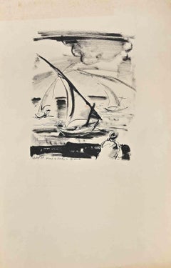 Boat – Original-Tintenzeichnung von Robert Naly – Mitte des 20. Jahrhunderts