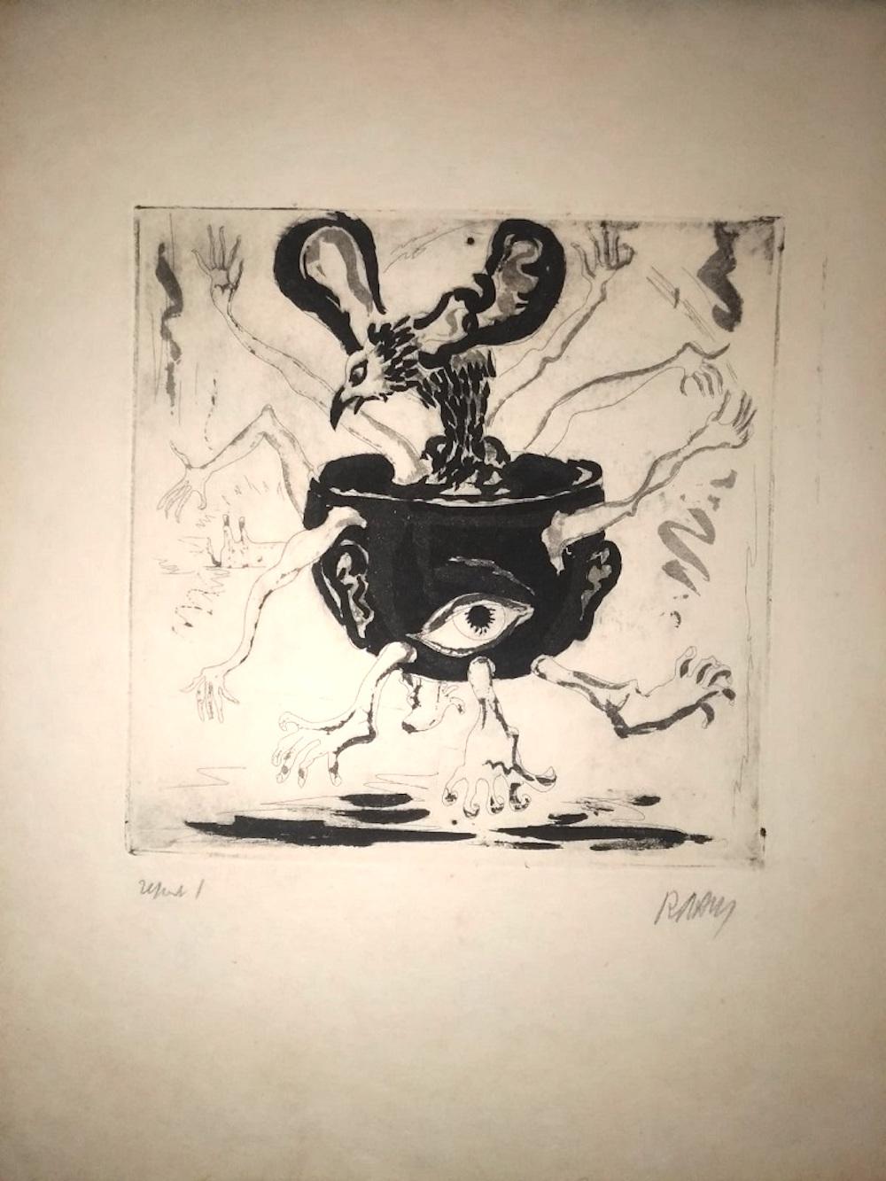 Robert Naly Figurative Print - The Human Pot - Original Etching by R. Naly - 1955
