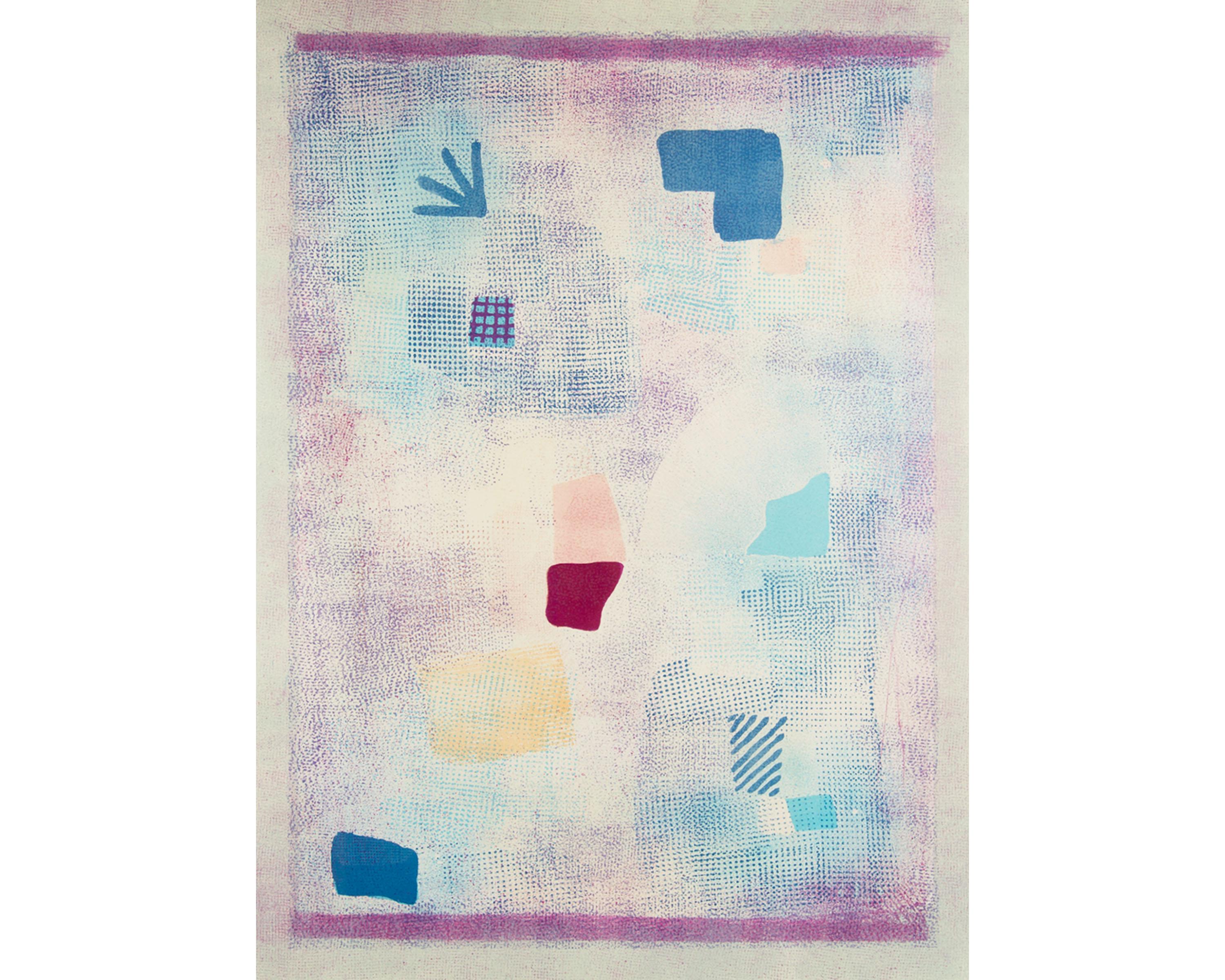 A limited edition abstract lithograph by American Abstract Expressionist Robert Natkin (1930-2010). Made in 1986, this sizable print features rich textures which are reminiscent of textile weaves and splattered paint. Pink, blue and purple inks draw