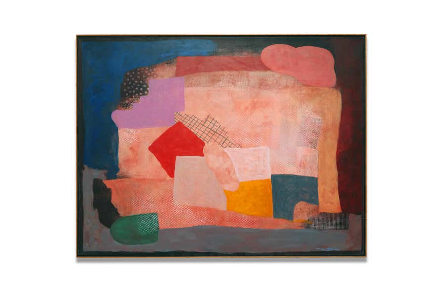Abstract expressionist, blue, pink, red, acrylic on paper mounted on canvas