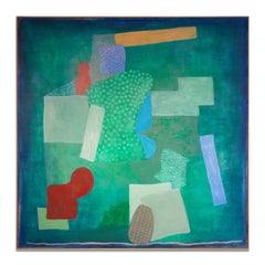 Espressionista astratto, geometrico, grande, verde, blu, acrilico su tela