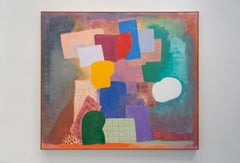 Espressionista astratto, geometrico, grande, verde, blu, rosso, acrilico su tela