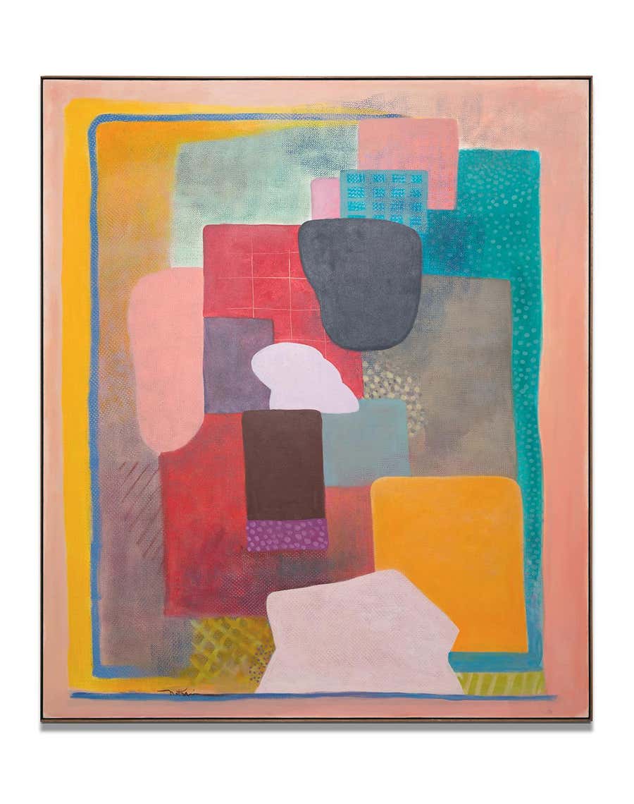 Abstract expressionist, geometric, large, pink, orange, blue, acrylic on canvas