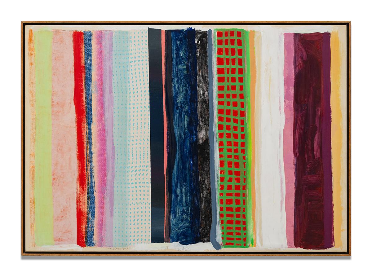 Abstract expressionist, multicolor stripes, acrylic on paper mounted on canvas