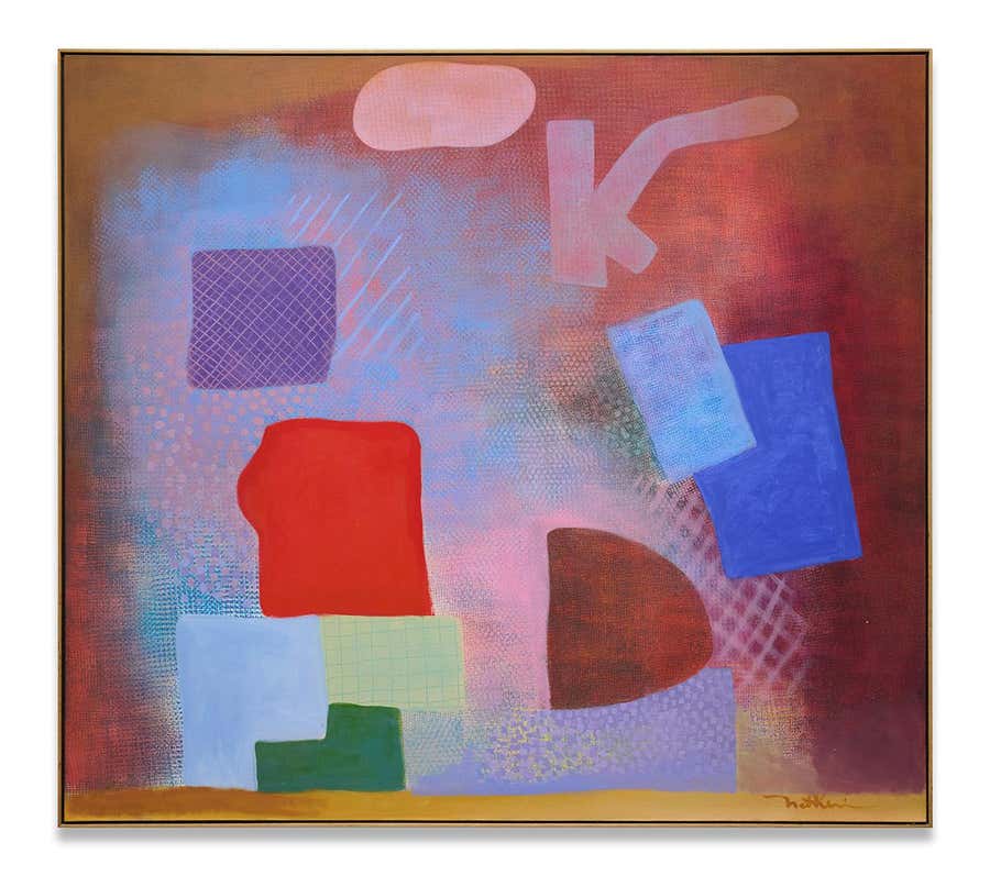 Horizontal Abstract Expressionist Red and Blue Painting, Modern Art