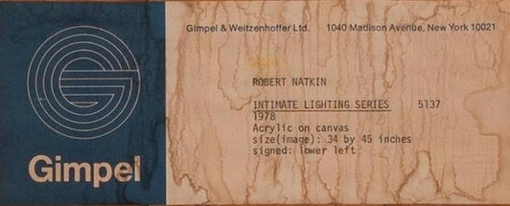 Robert Natkin (American, 1930 - 2010)
Intimate Lighting Series, 1978
Acrylic on canvas
34 x 45 inches
Signed lower left

Provenance:
Gimpel & Weitzenhoffer Gallery, New York
Private Collection, Connecticut

Intimate Lighting is part of a series of