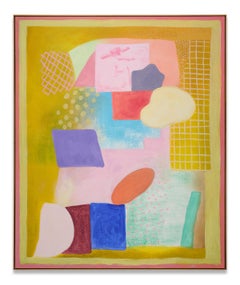 Pittura verticale astratta espressionista rosa e gialla, arte moderna