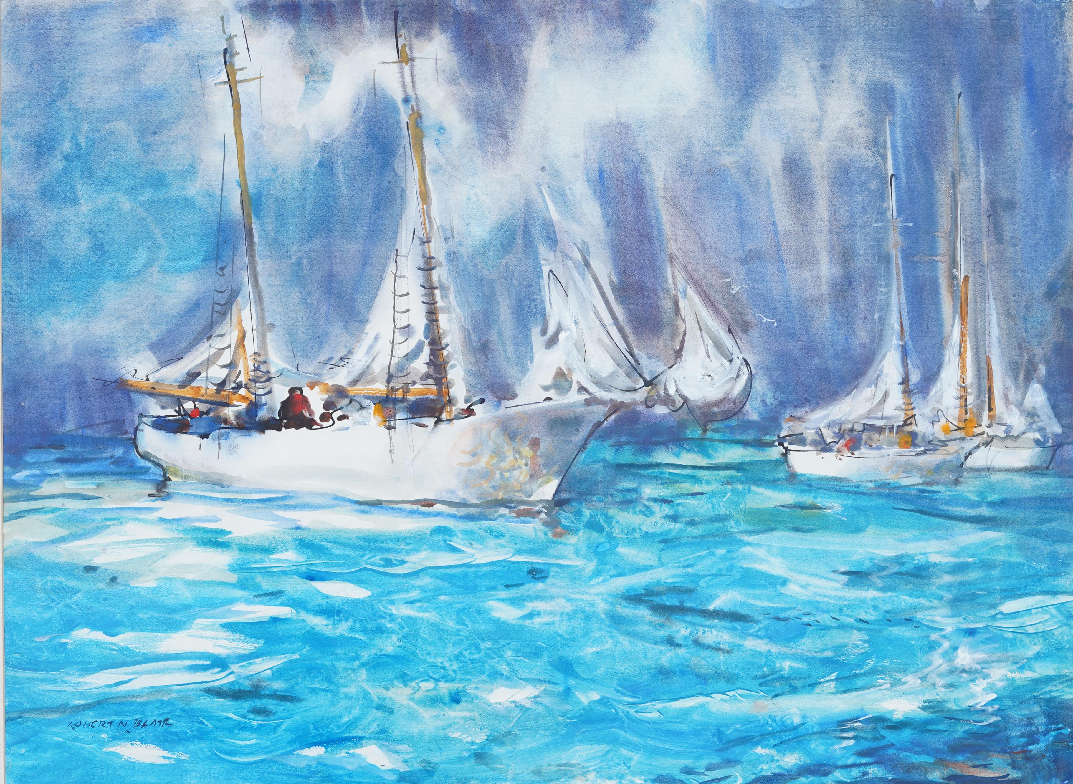 Antiguo cuadro modernista americano abstracto enmarcado Paisaje marino estival del lago Erie - Painting Moderno de Robert Noel Blair