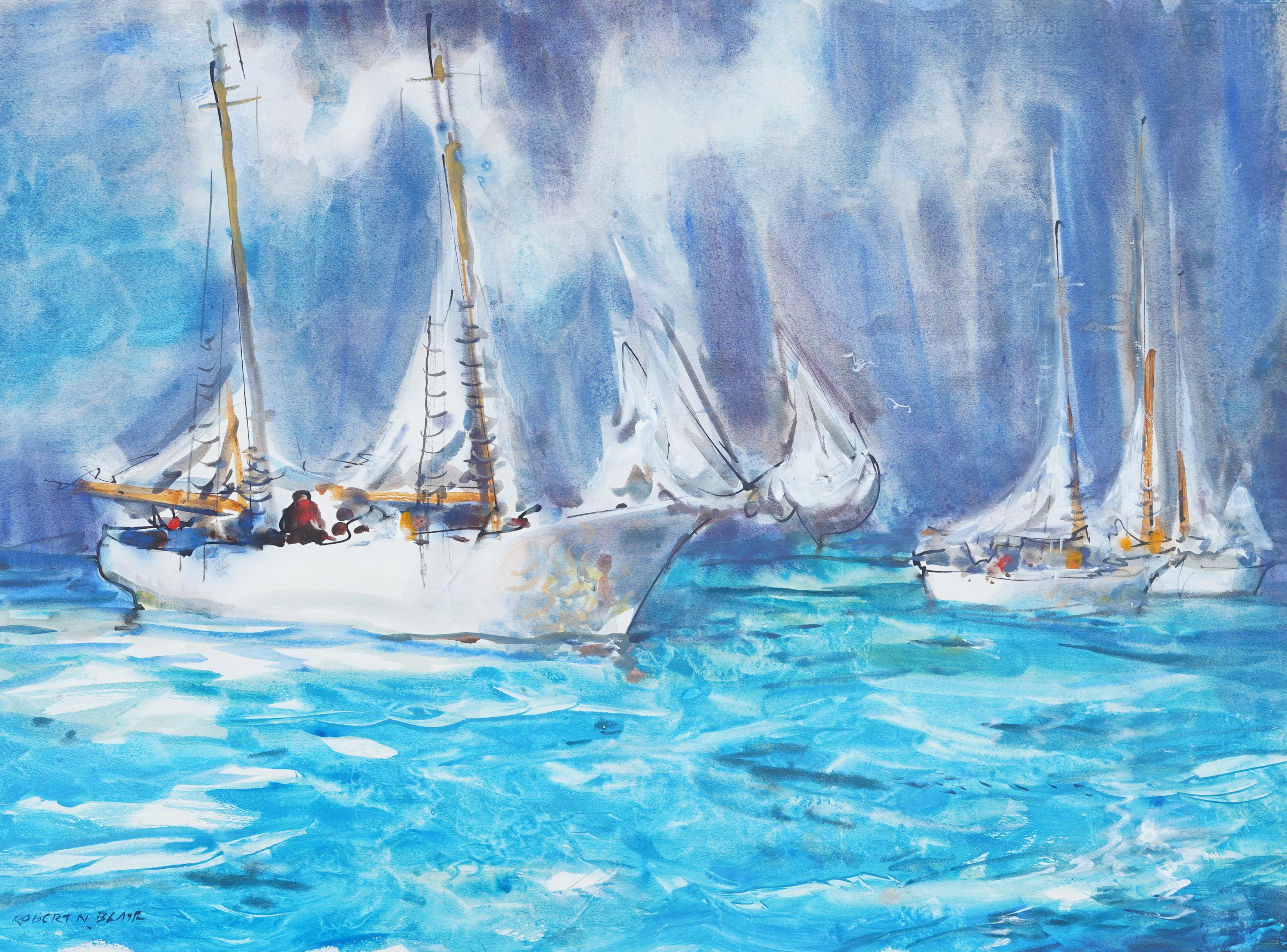 Antiguo cuadro modernista americano abstracto enmarcado Paisaje marino estival del lago Erie - Abstract Painting Azul de Robert Noel Blair