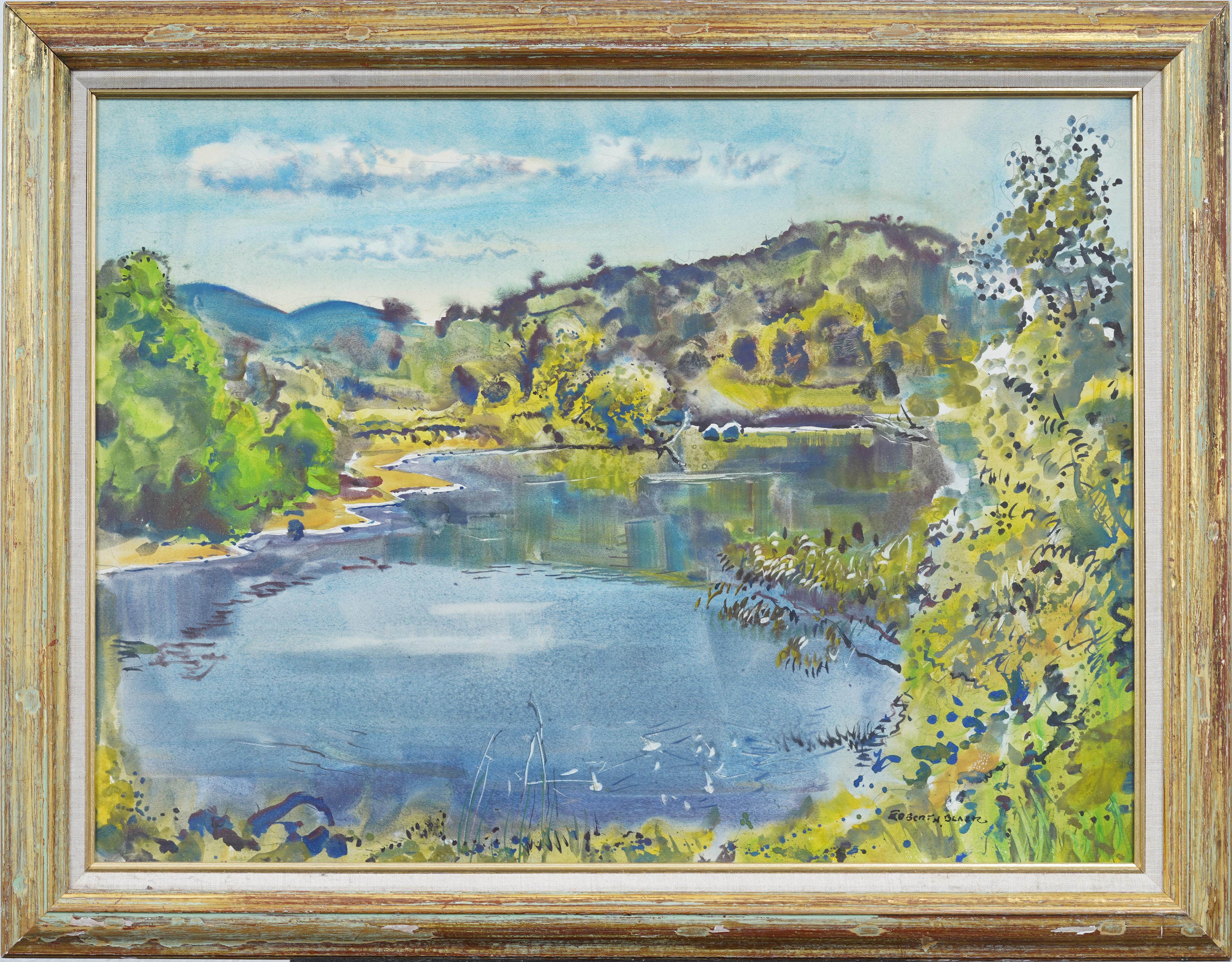 Antico dipinto astratto modernista americano con cornice e acquerello di paesaggio - Painting di Robert Noel Blair