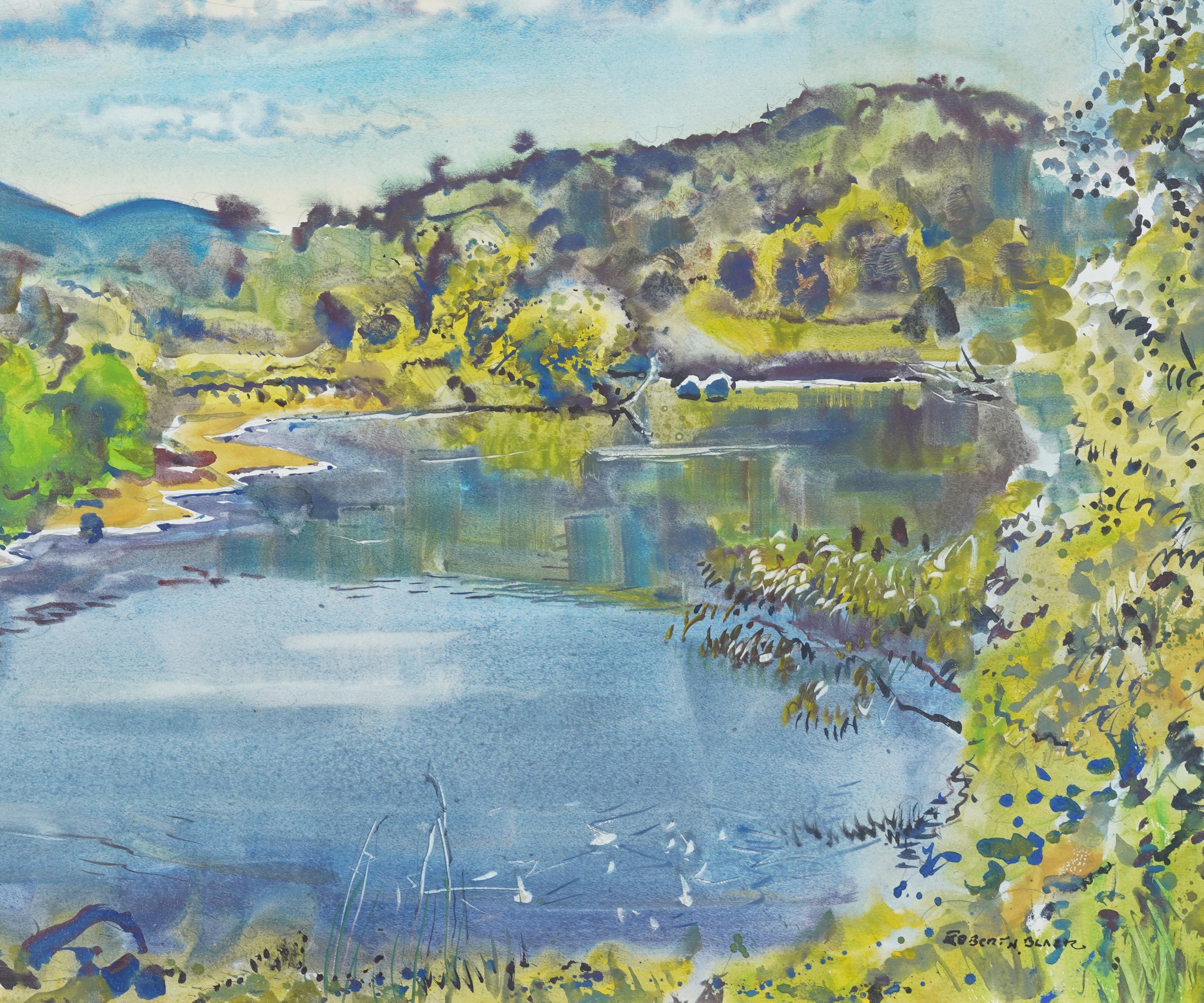 Paesaggio modernista finemente dipinto da Robert Noel Blair (1912 - 2002).  Acquerello e gouache su carta.  Firmato  Dimensioni dell'immagine: 23 x 31 pollici.  In eccellenti condizioni originali.  Splendidamente incorniciato in una modanatura