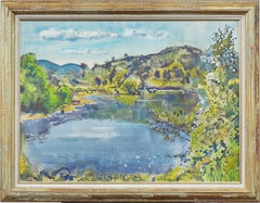Antiguo cuadro americano modernista abstracto paisaje acuarela enmarcado