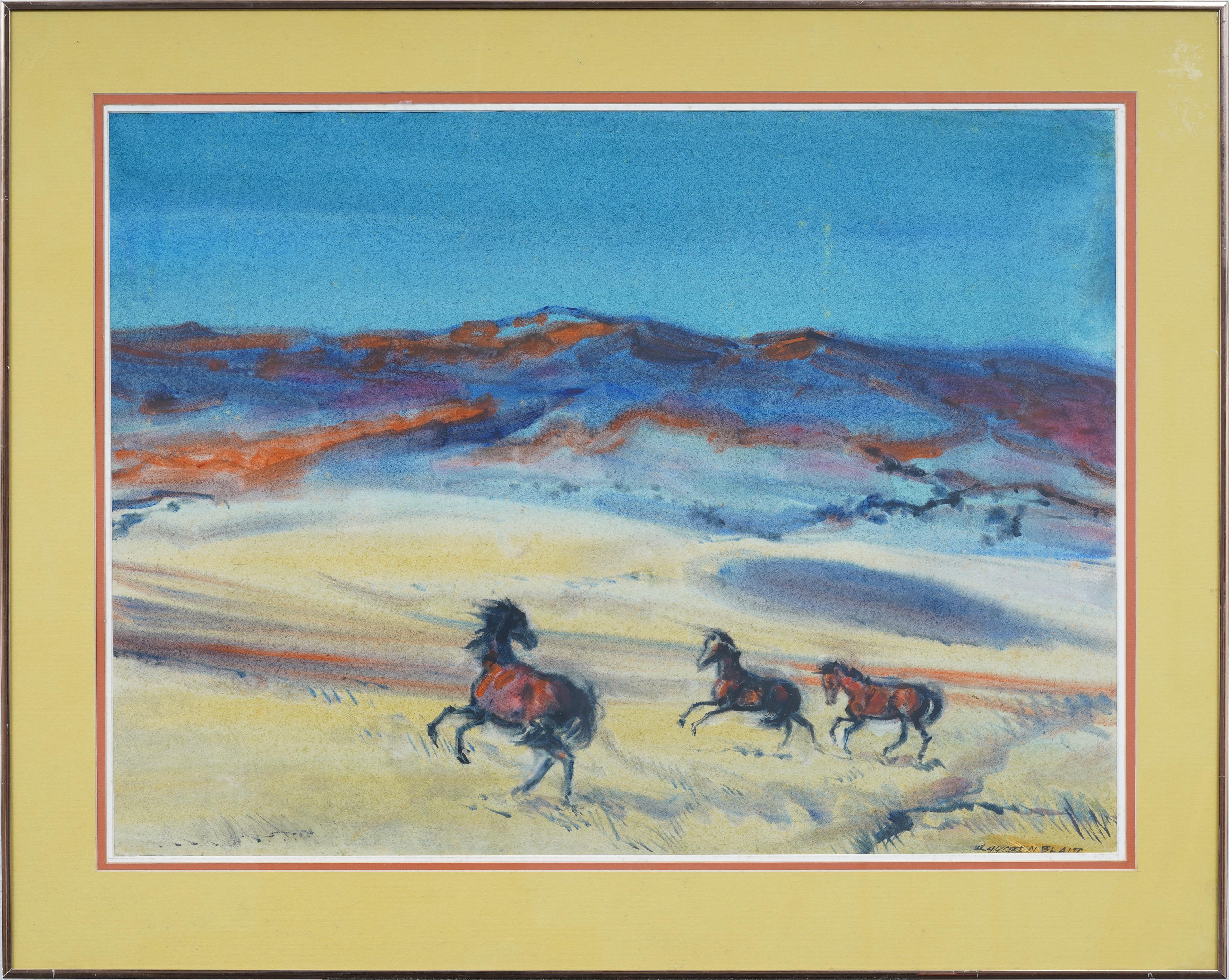 Antico dipinto ad acquerello del paesaggio occidentale dei cavalli selvaggi modernisti americani - Painting di Robert Noel Blair