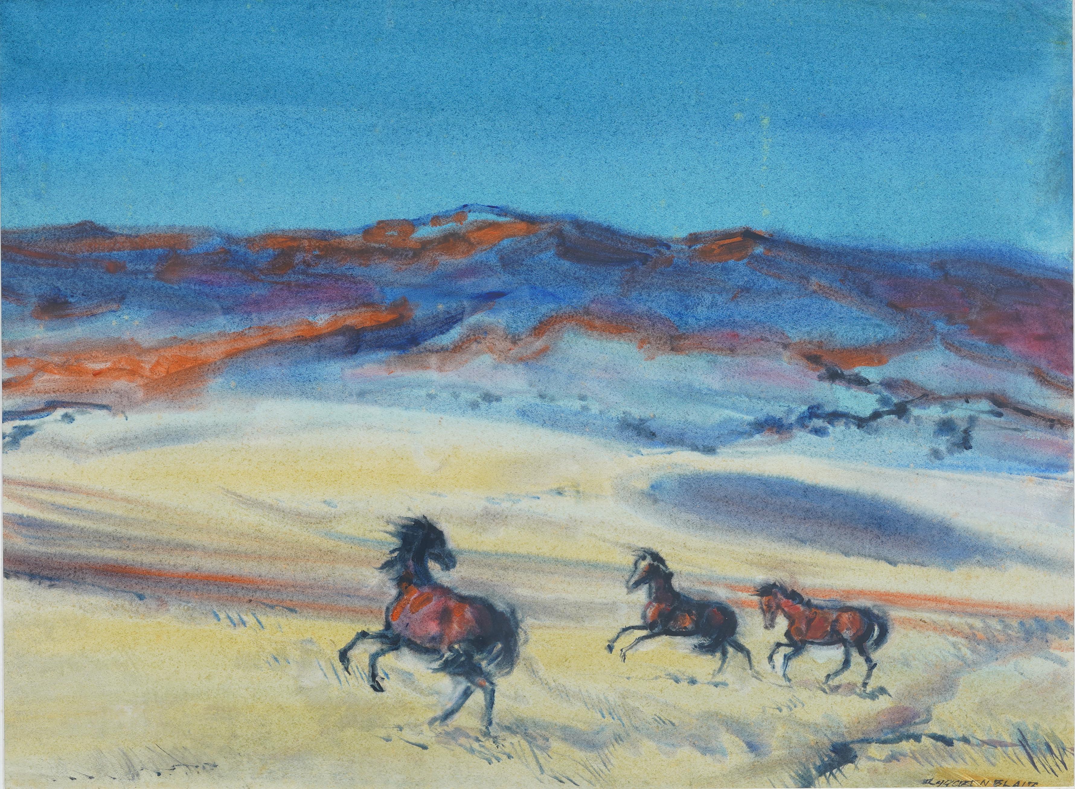 Antico dipinto ad acquerello del paesaggio occidentale dei cavalli selvaggi modernisti americani - Painting Moderno di Robert Noel Blair
