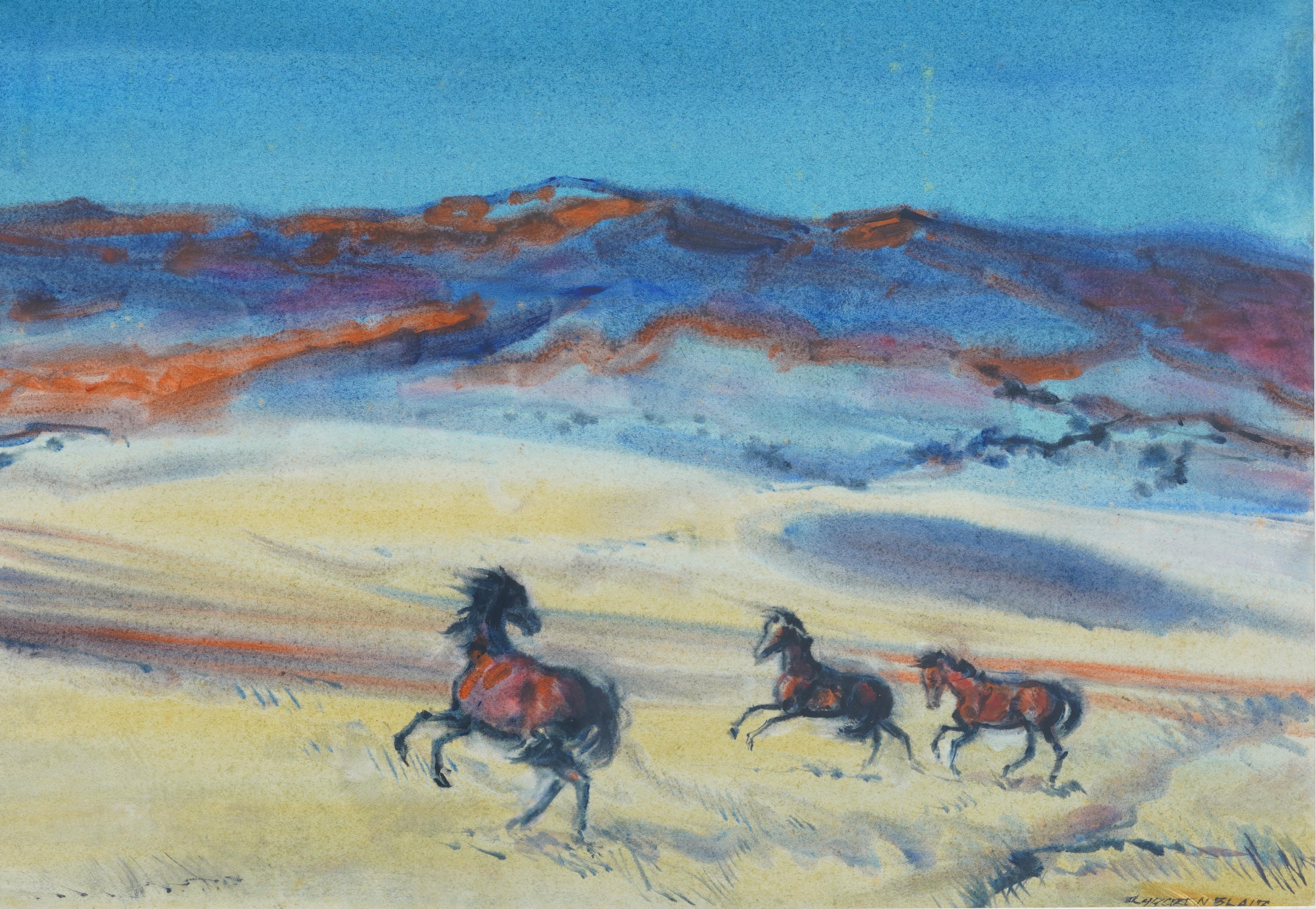 Antico dipinto ad acquerello del paesaggio occidentale dei cavalli selvaggi modernisti americani - Abstract Painting Beige di Robert Noel Blair