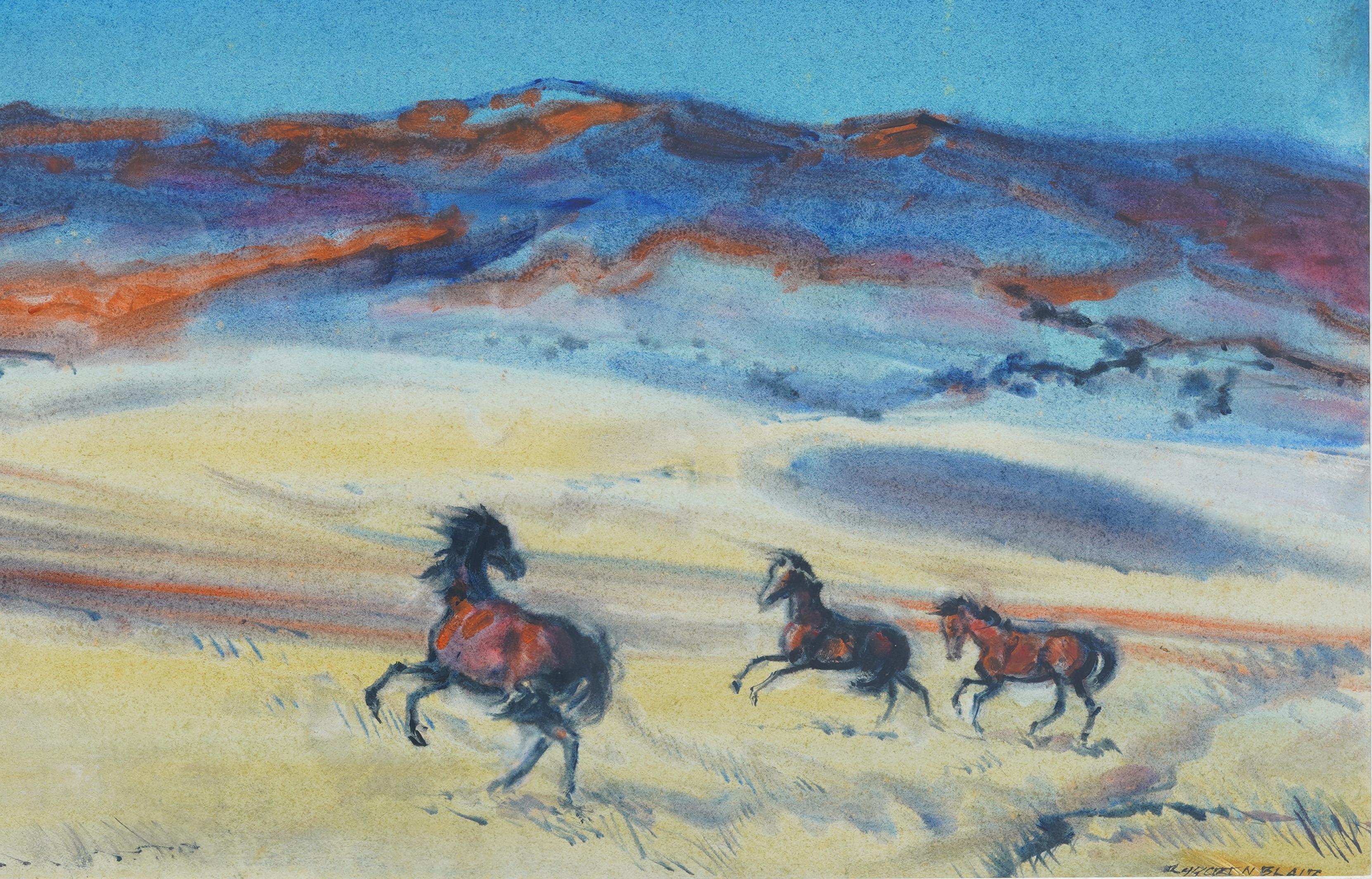 Paesaggio modernista finemente dipinto da Robert Noel Blair (1912 - 2002).  Acquerello e gouache su carta.  Firmato  Dimensioni dell'immagine: 22 x 30 pollici.  In eccellenti condizioni originali.  Splendidamente incorniciato in una modanatura