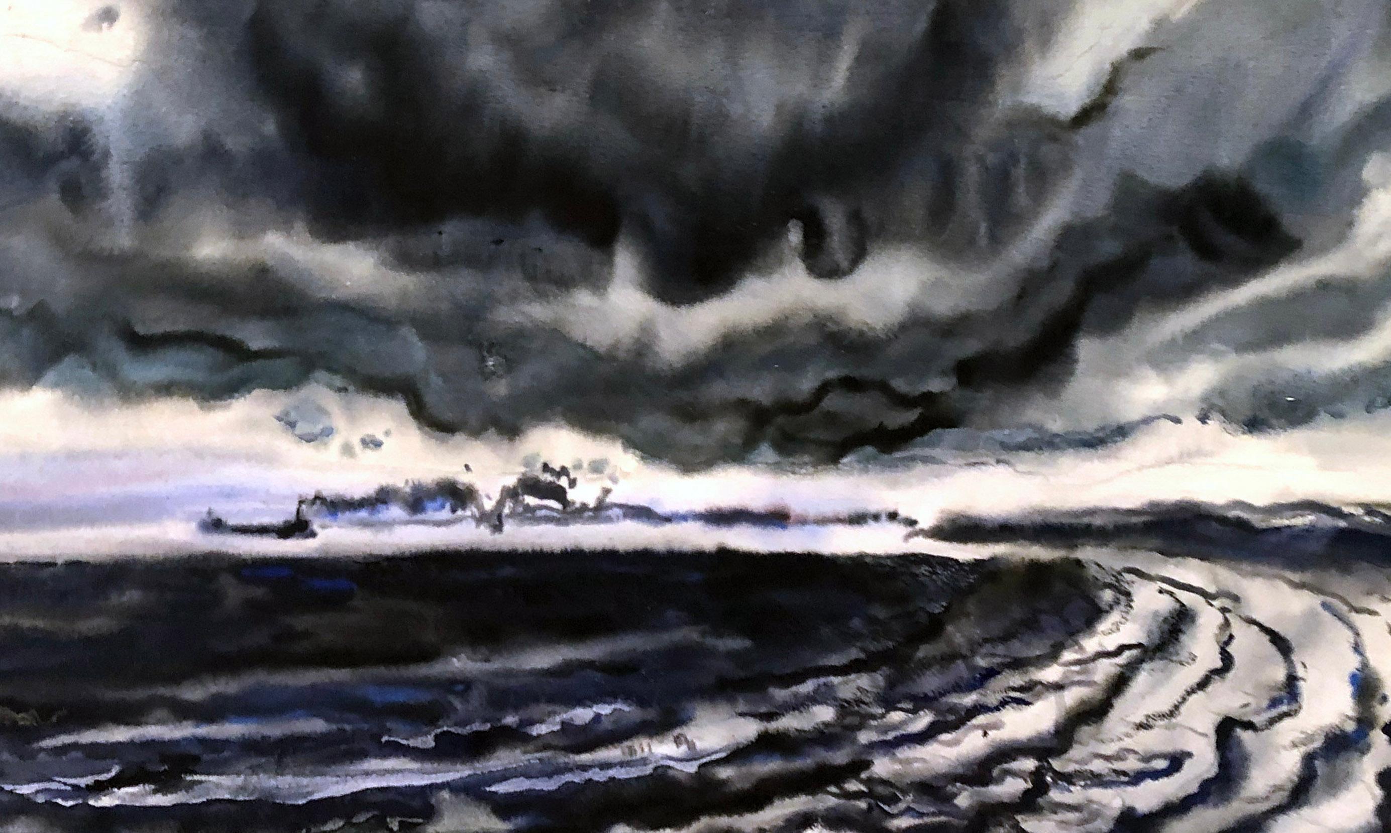 Lake Erie Watercolor on paper 1940's American Modern Robert Blair Black Blue - Painting by Robert Noel Blair