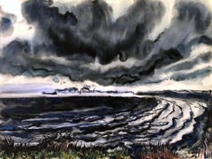 Lake Erie Watercolor on paper 1940's American Modern Robert Blair Black Blue