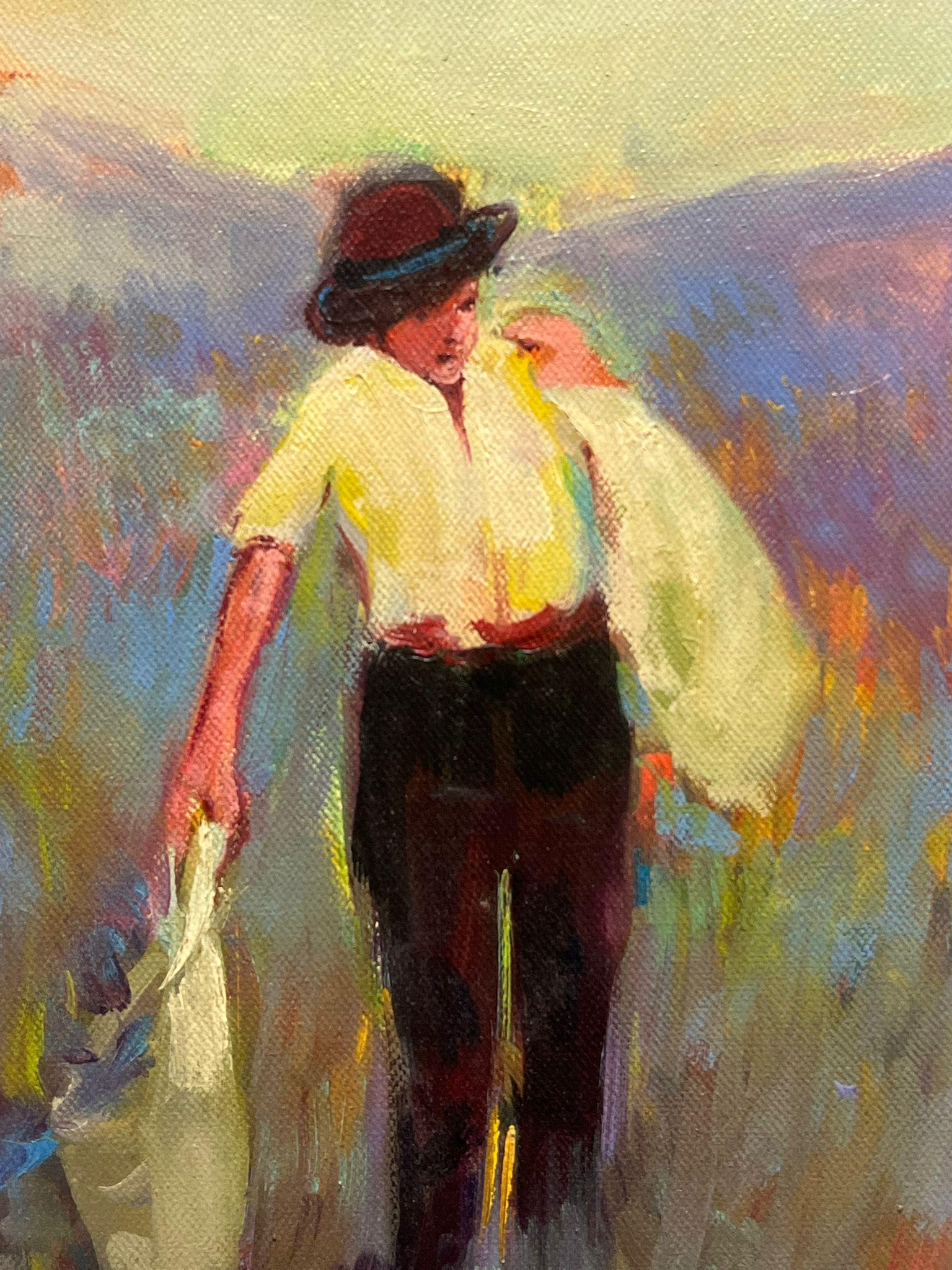 The Return of the Lavender Field Worker Sunlit Lavender Field Provence - Painting de Robert Nyel