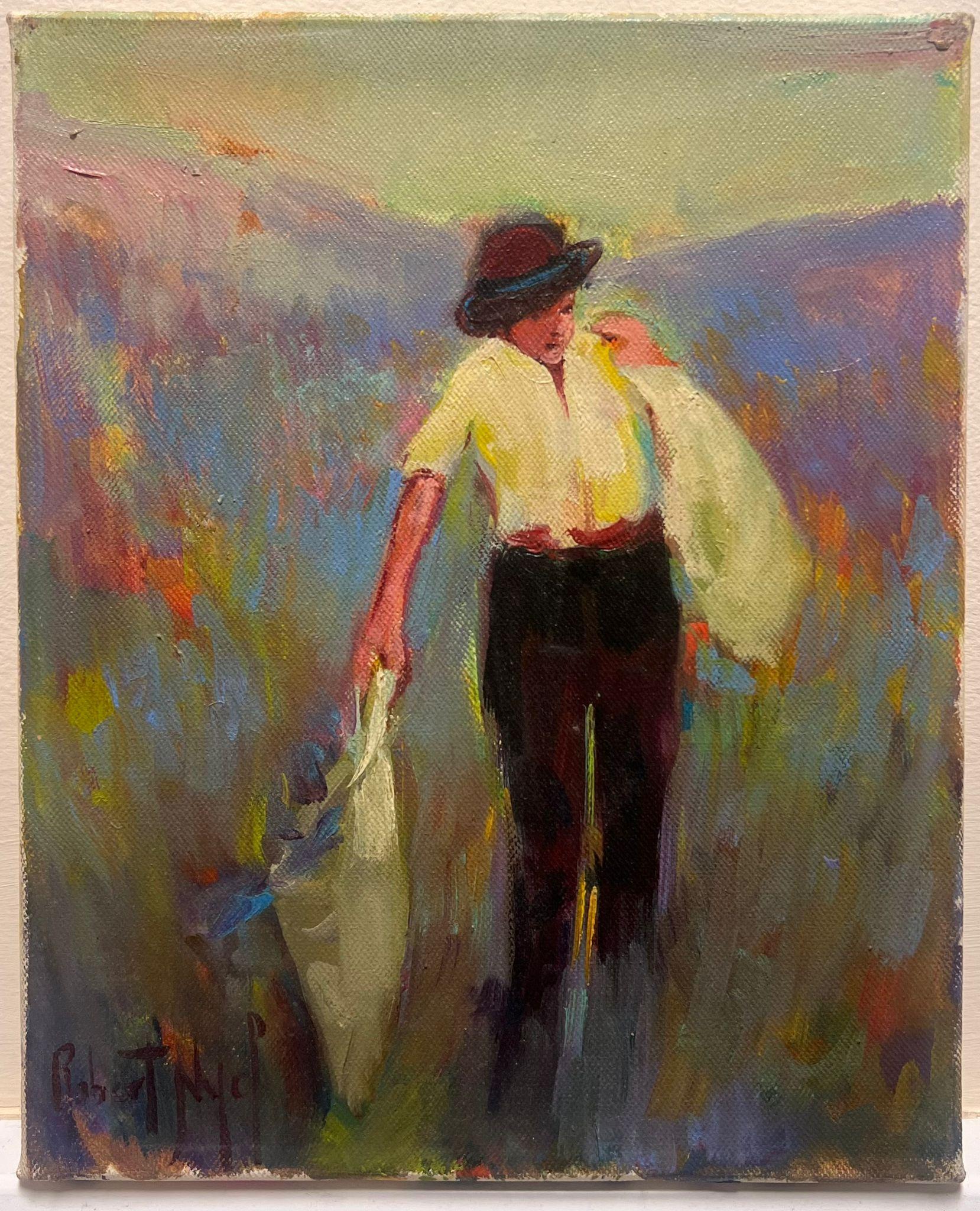 The Return of the Lavender Field Worker Sunlit Lavender Field Provence - Impressionnisme Painting par Robert Nyel