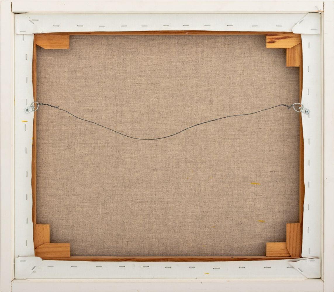 Robert O'Meara (Américain, 1957-2024), Composition expressionniste abstraite, Huile sur toile, bleus et verts, apparemment non signée, cadre en bois peint en blanc. 19
