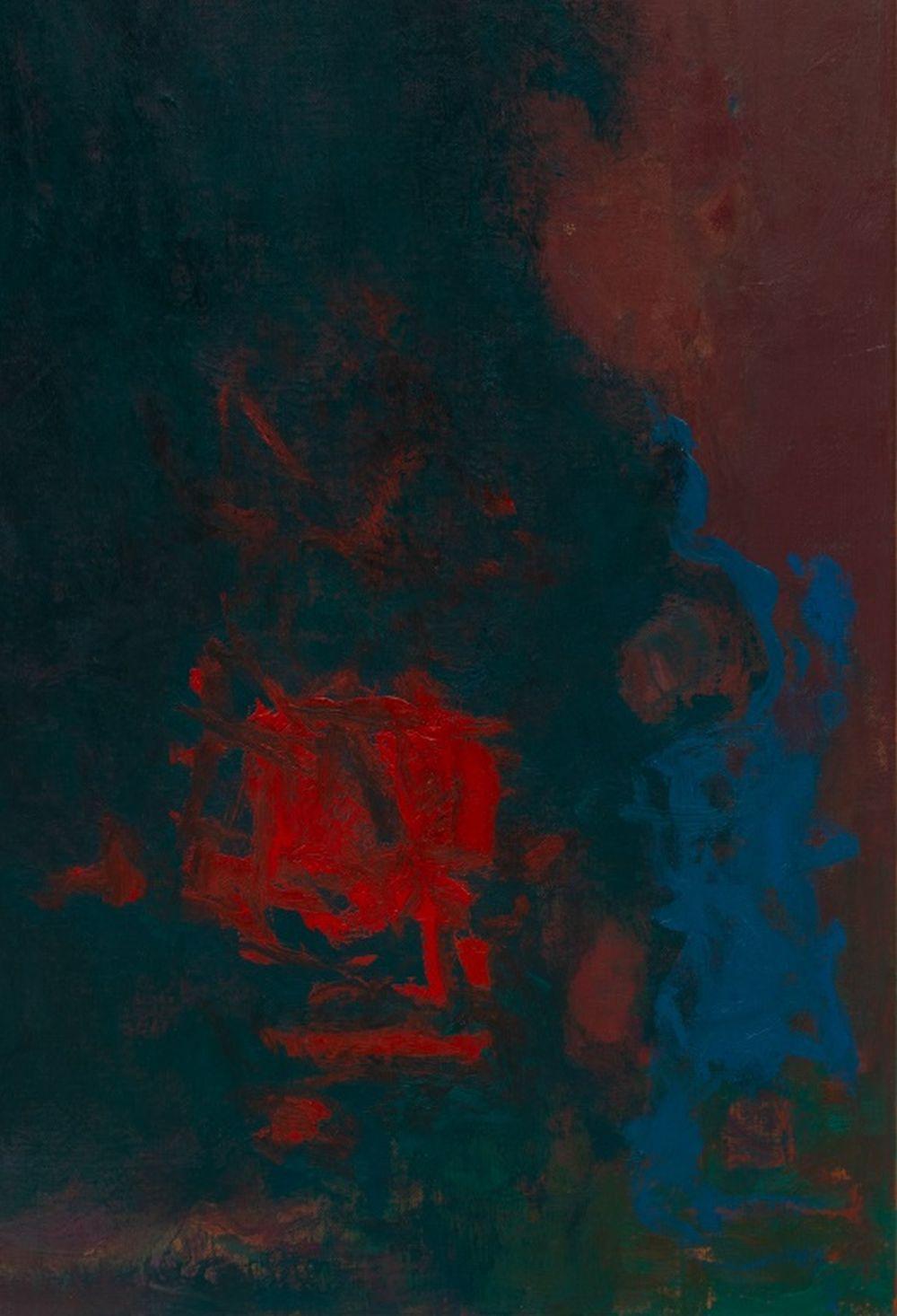 Robert O'Meara (American, 1957-2024), Abstract Composition, Oil on Canvas, maroon field with near black design, apparently unsigned, unframed. 48