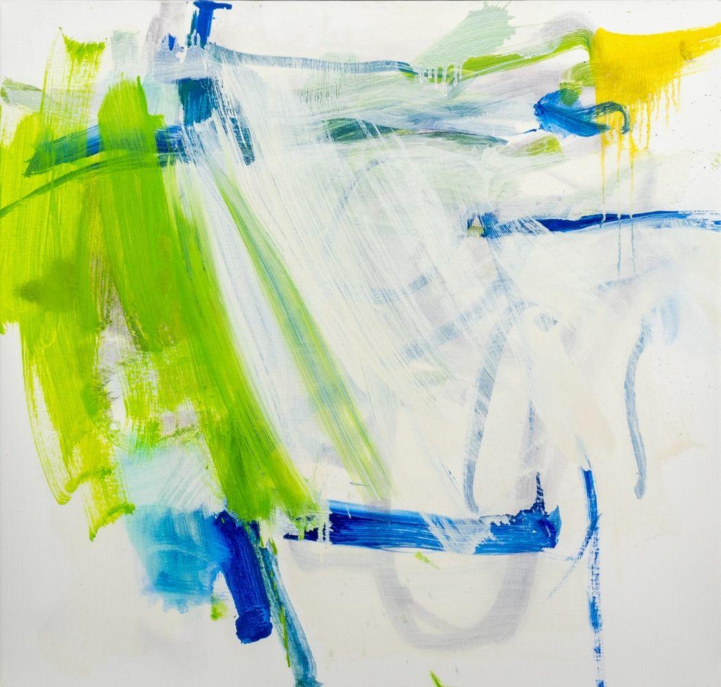 Robert O'Meara (estadounidense, 1957-2024), Composición abstracta en verde lima y azul, Óleo sobre lienzo, sin firmar, sin enmarcar. Alto 23