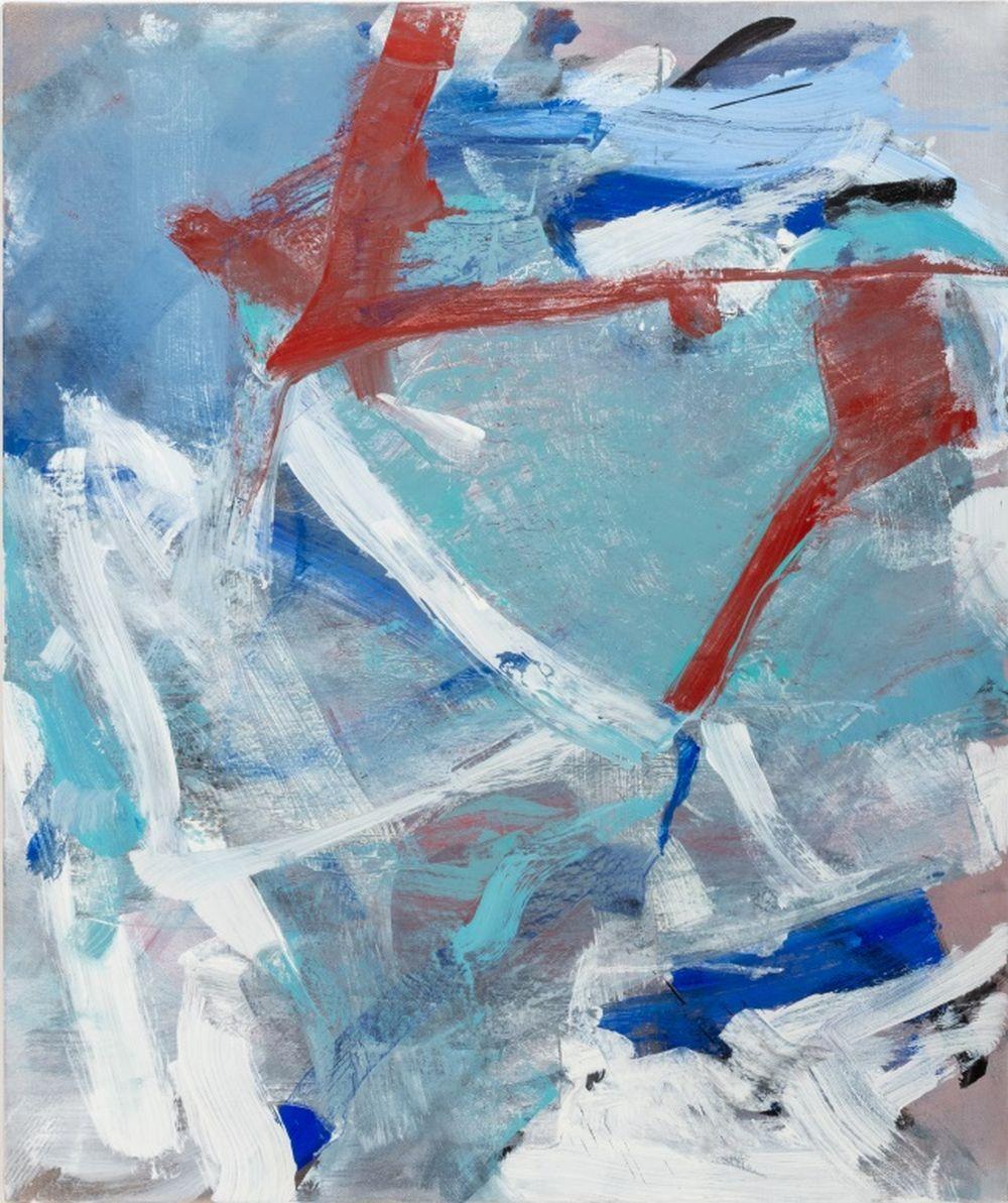 Robert O'Meara (américain, 1957-2024), Composition abstraite en bleu, huile sur toile, en bleu avec des lignes blanches et rouges, non signée, non encadrée. 31
