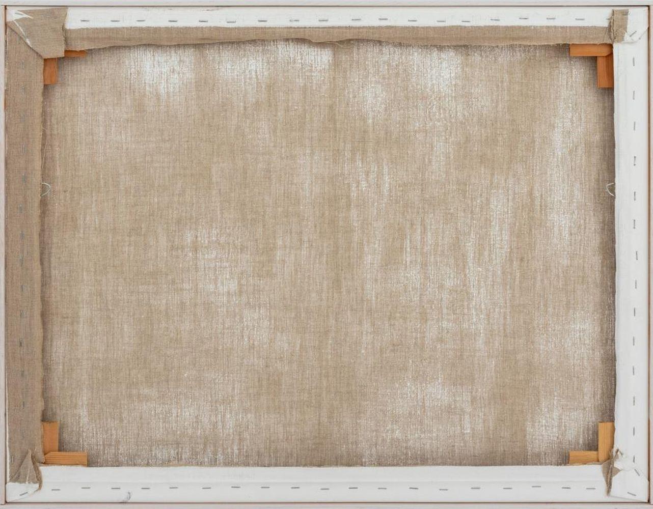 Robert O'Meara (américain, 1957-2024), Composition abstraite en bleu, huile sur toile, apparemment non signée, cadre en bois blanc peint. Image : 24