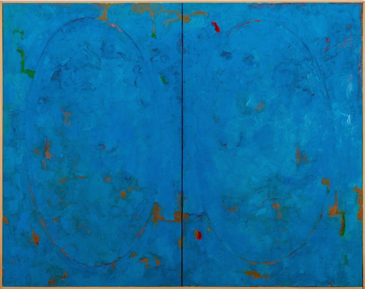 Robert O'Meara (americano, 1957-2024), Composizione astratta in blu, olio su tela, apparentemente non firmato, cornice in legno. Pannelli: 27