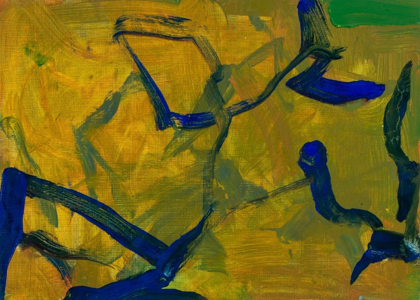 Robert O'Meara (estadounidense, XX-XXI), Composición abstracta en verde, Óleo sobre tabla, con detalles en azul, aparentemente sin firmar, sin enmarcar. 10