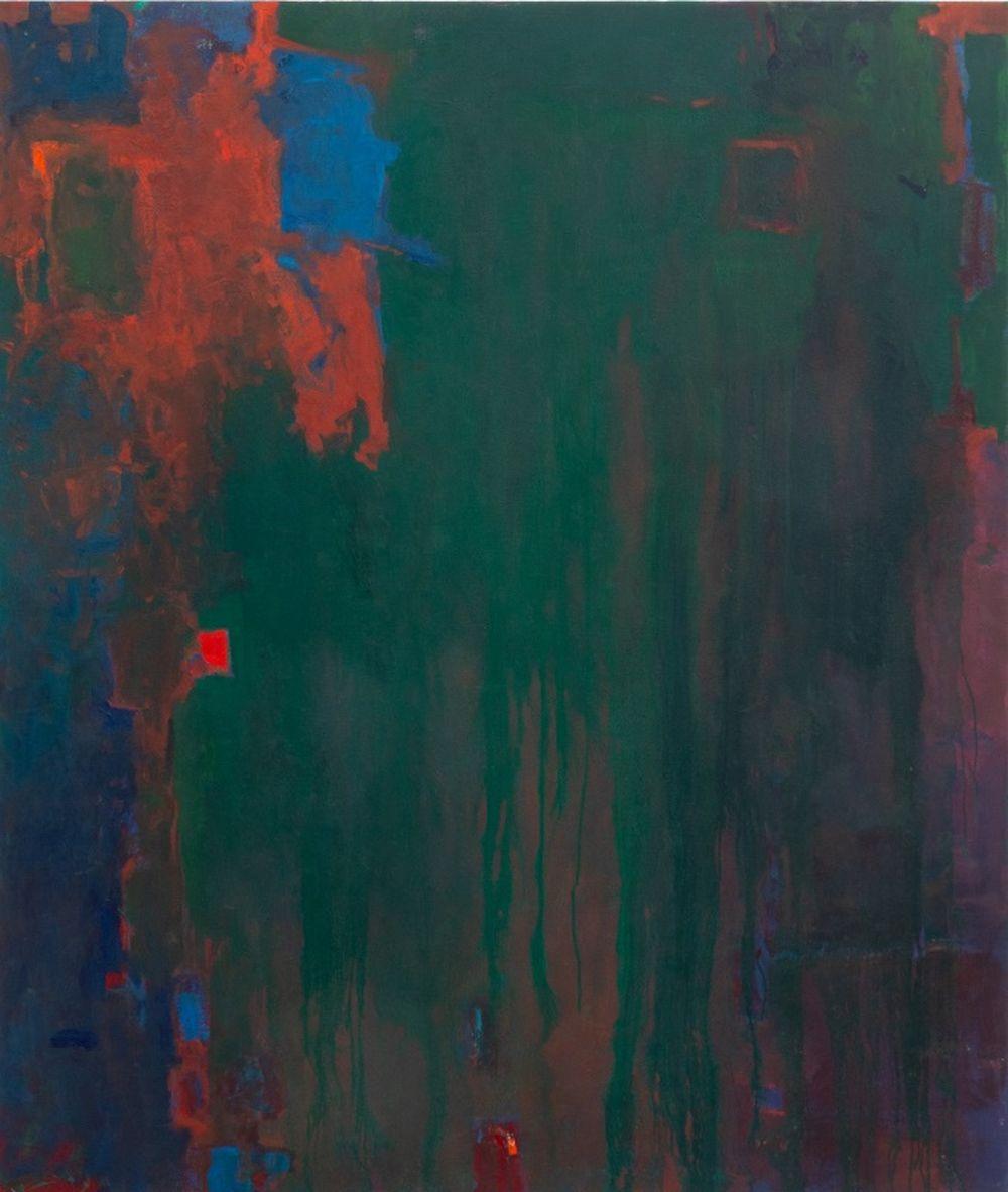 Robert O'Meara (estadounidense, 1957-2024), Composición abstracta en verde, Óleo sobre lienzo, con cuadrados azules y rojos, sin firmar, sin enmarcar. 54,25