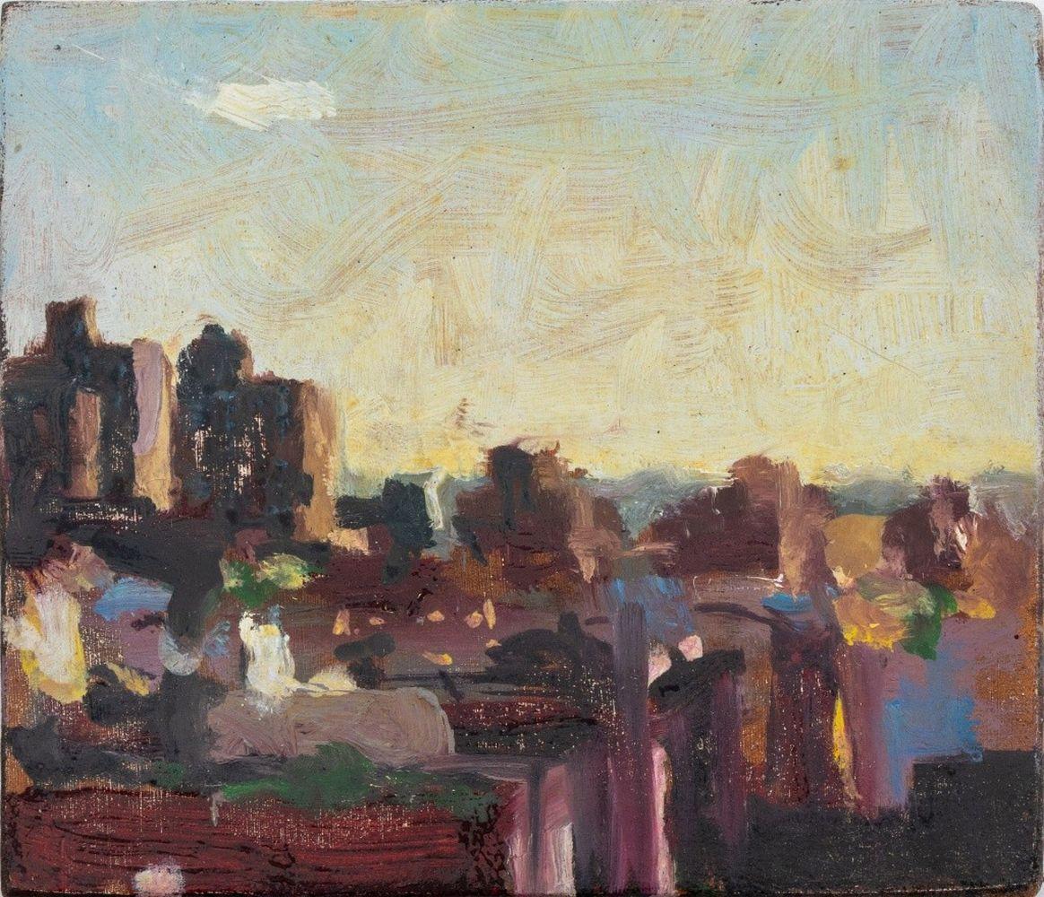 Robert O'Meara (estadounidense, XX-XXI), Paisaje urbano en miniatura, Óleo sobre tabla, hacia 1975, sin enmarcar. Al x An. Procedencia: De una finca de 333 East 75th Street. 