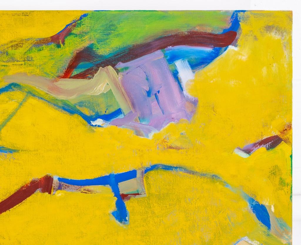 Robert O'Meara (Amerikaner, XX-XXI), Abstrakte Komposition in Gelb mit blauen und roten Linien, Öl auf Leinwand, unsigniert, ungerahmt. 48