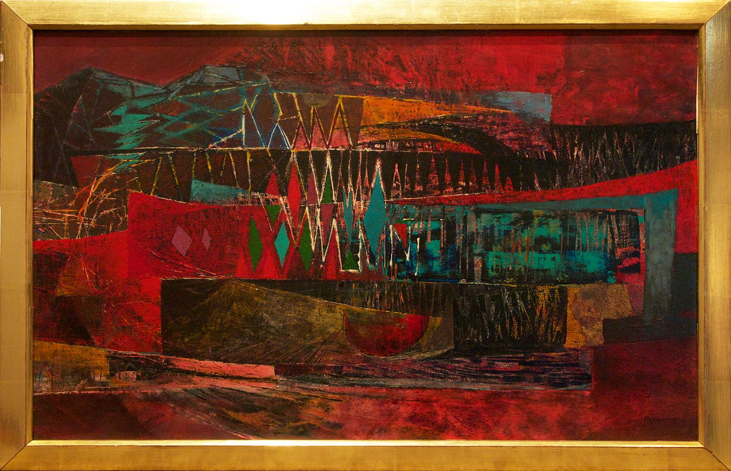 Robert Omerod Preusser Abstract Painting - "Untitled (abstract landscape)" by Robert Preusser, Oil on Board, 1950s