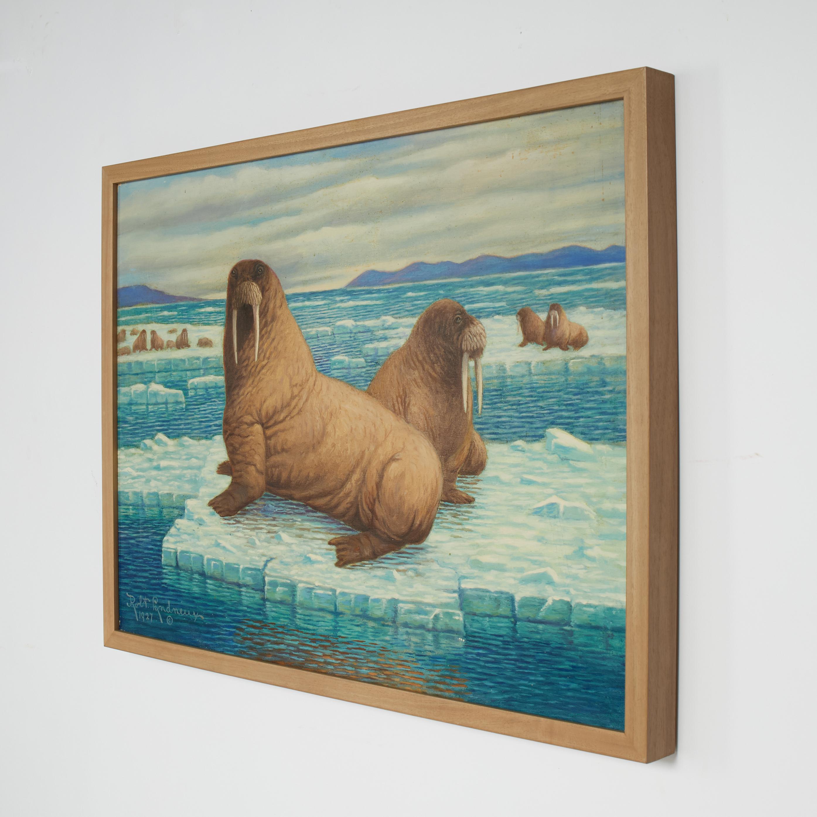 Intrigante peinture à l'huile ancienne sur toile représentant des morses au repos flottant sur des plaques de glace, exécutée dans un style traditionnel, signée par le célèbre artiste de l'Ouest Robert Lindneux, datée de 1927 et présentée dans un