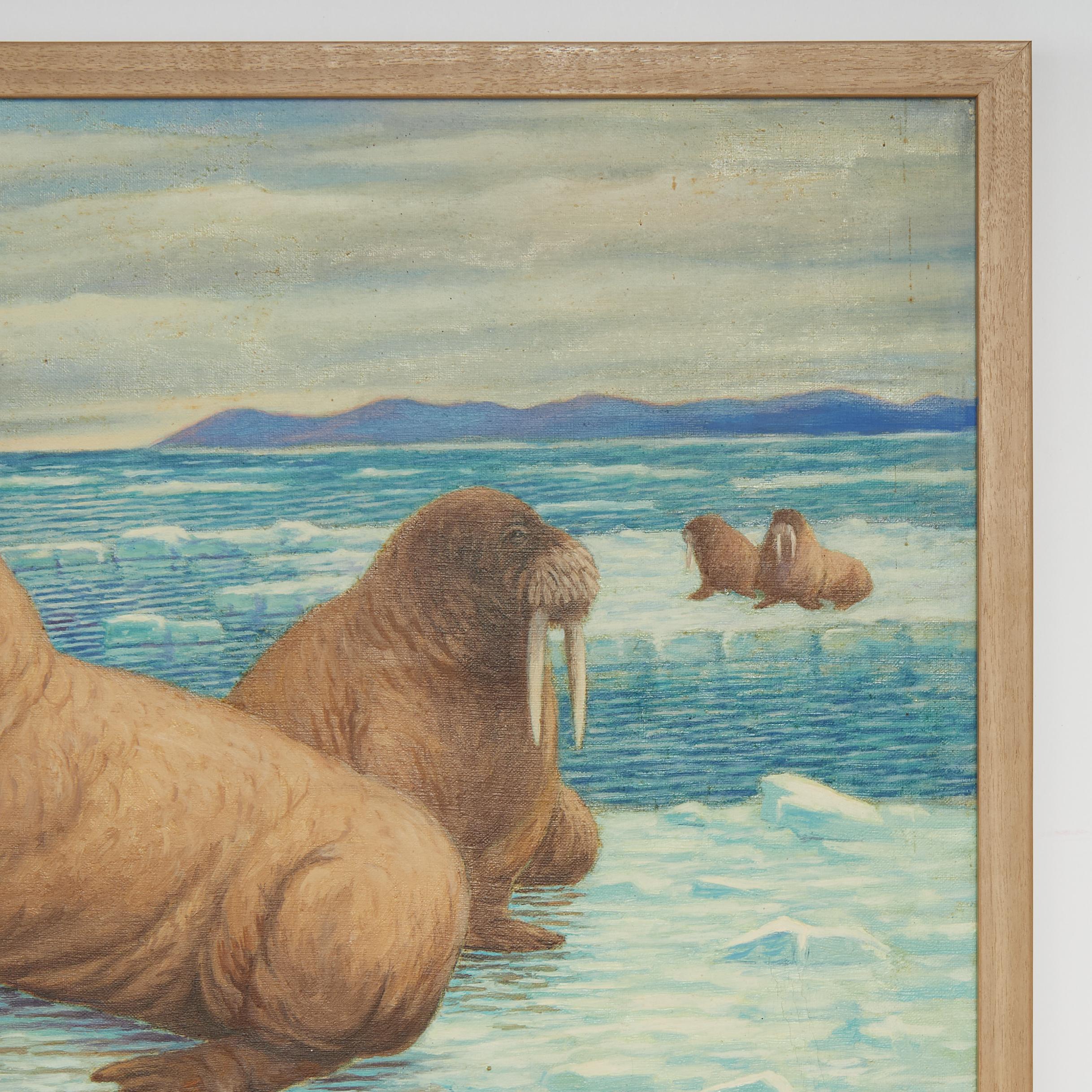 Américain Peinture à l'huile sur toile de Robert Ottokar Lindneux représentant des Walrus dans un cadre arctique en vente