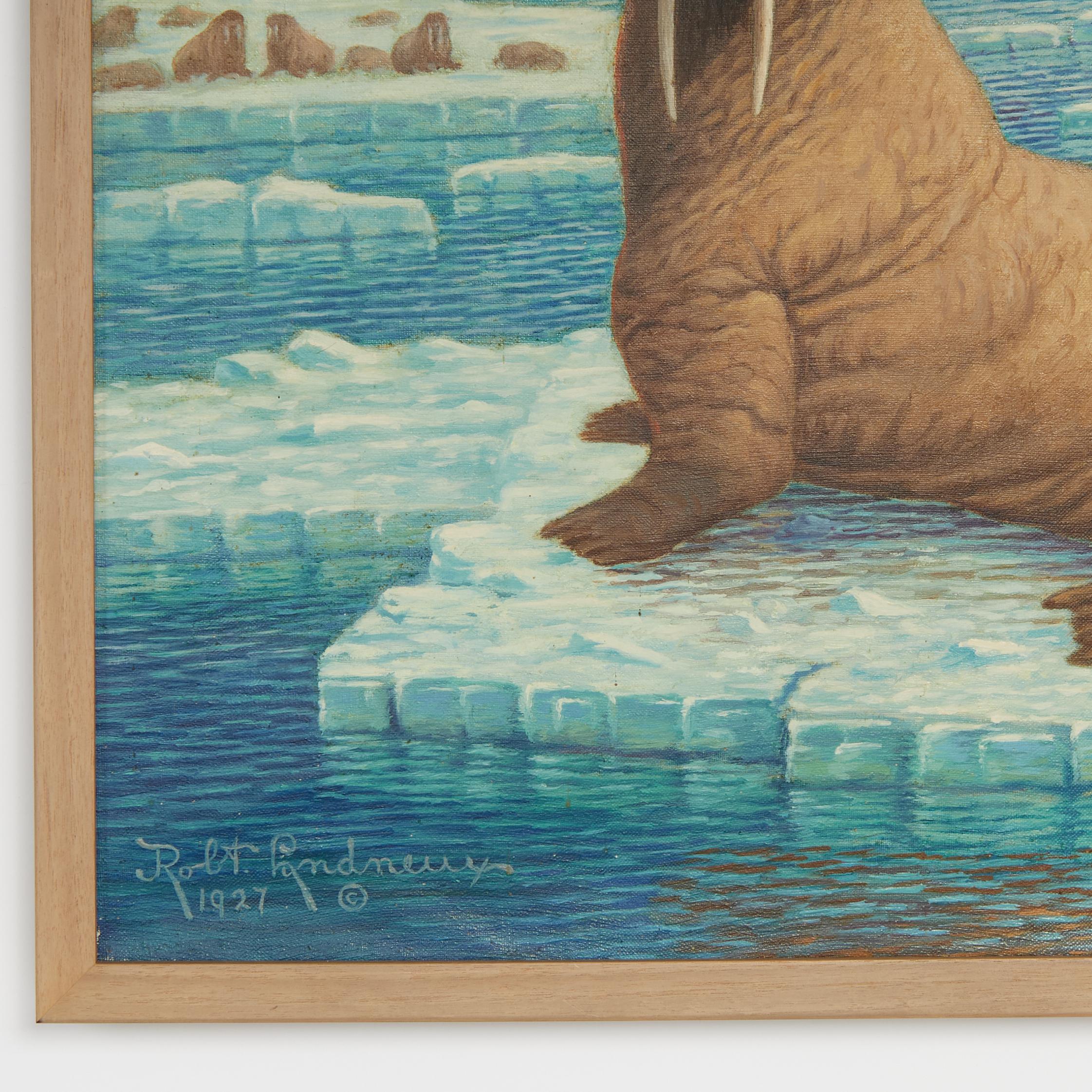Peint à la main Peinture à l'huile sur toile de Robert Ottokar Lindneux représentant des Walrus dans un cadre arctique en vente